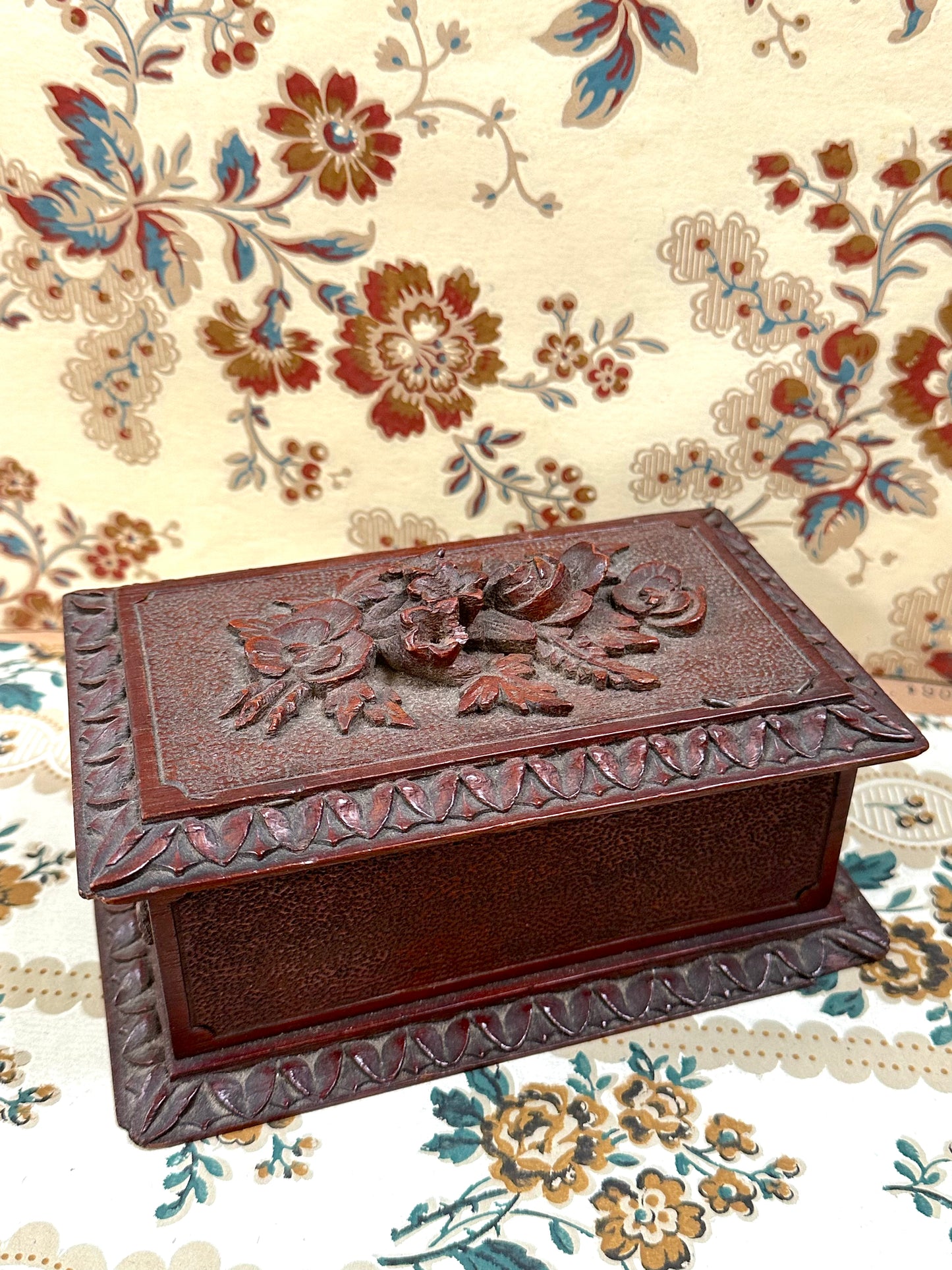 Antique French Small Black Forest Carved Wooden Box