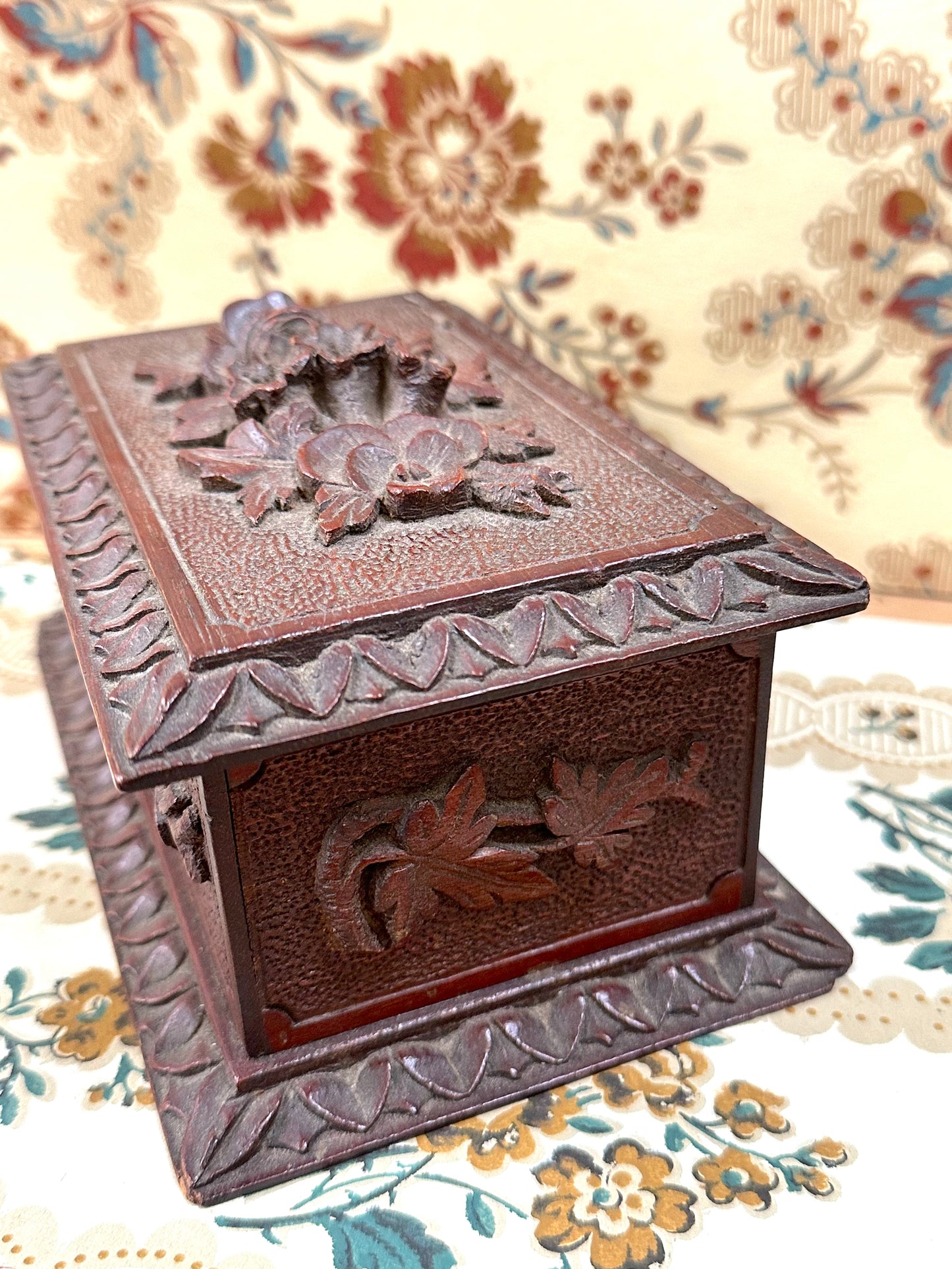 Antique French Small Black Forest Carved Wooden Box