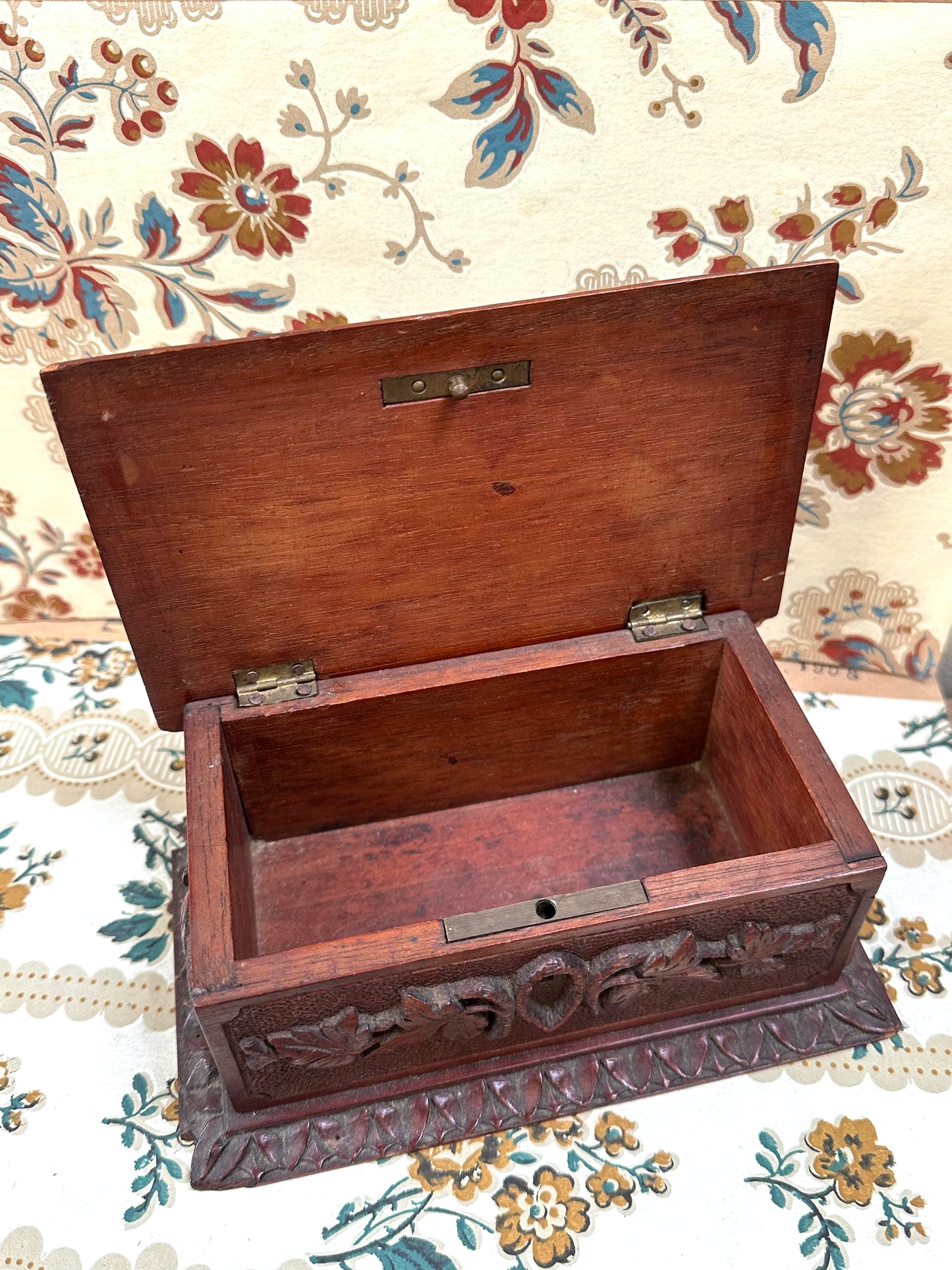 Antique French Small Black Forest Carved Wooden Box