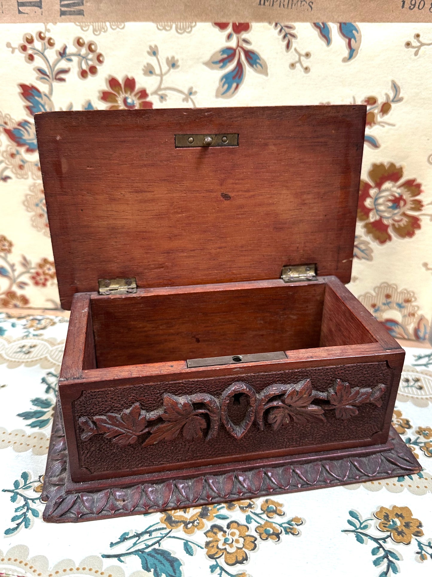 Antique French Small Black Forest Carved Wooden Box