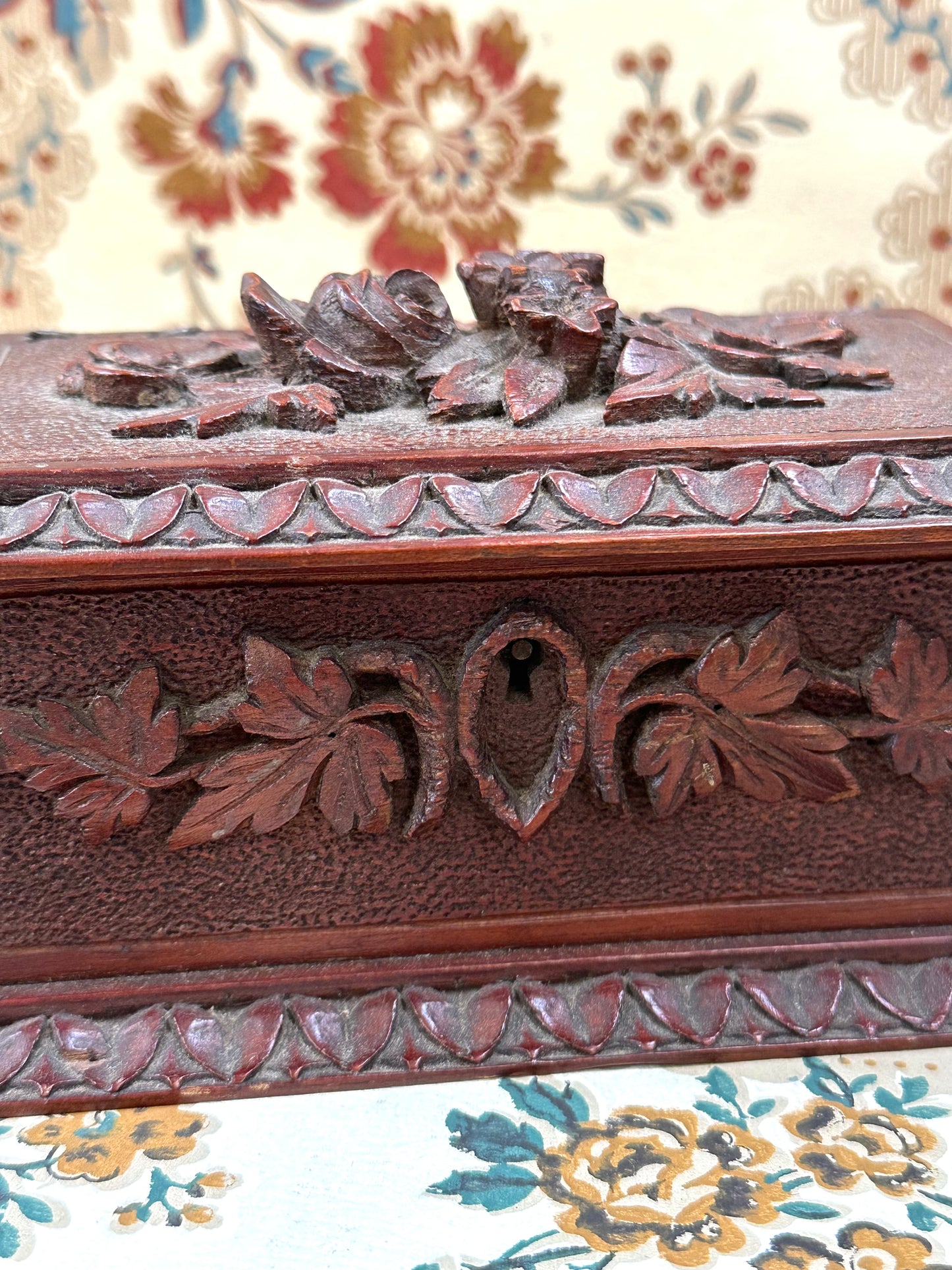 Antique French Small Black Forest Carved Wooden Box