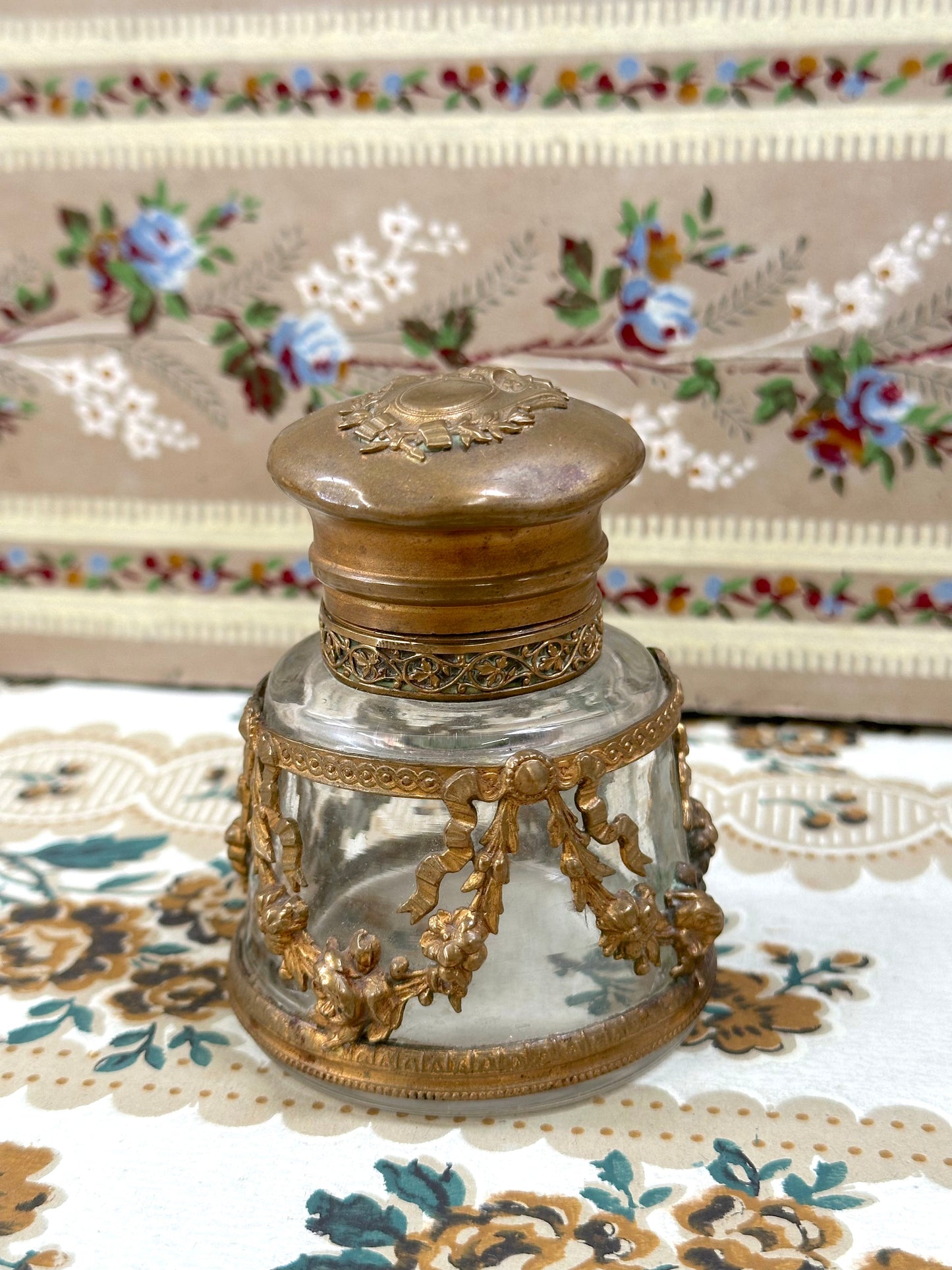 Antique French Brass Glass Ink Bottle