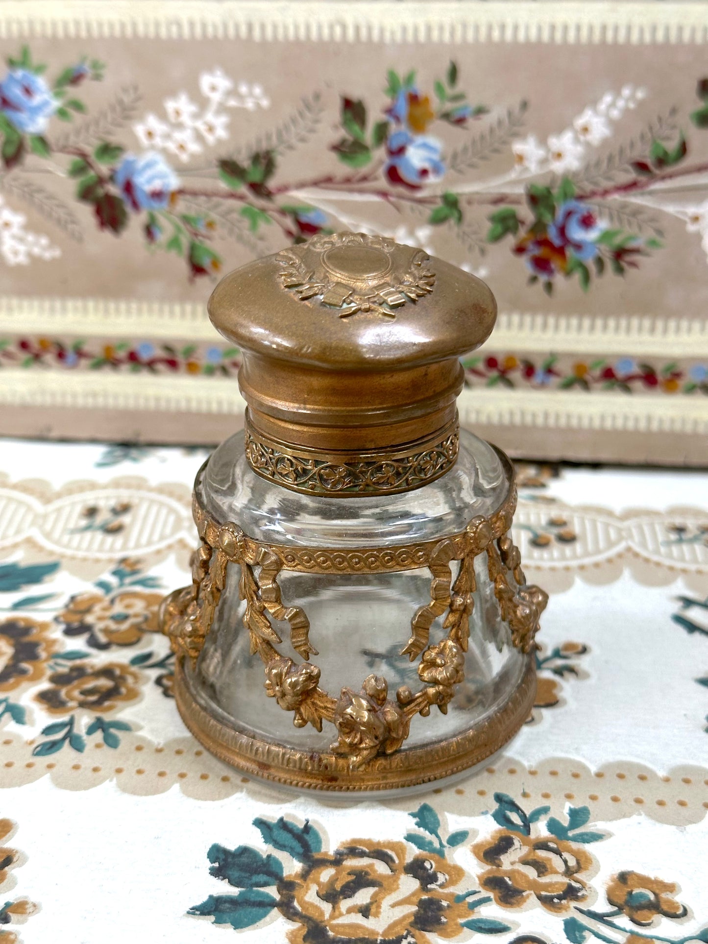 Antique French Brass Glass Ink Bottle