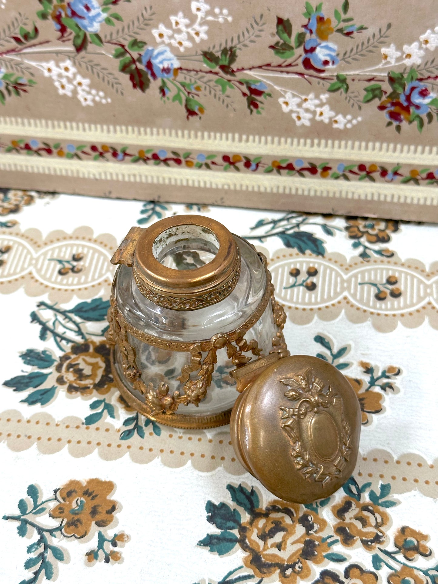Antique French Brass Glass Ink Bottle