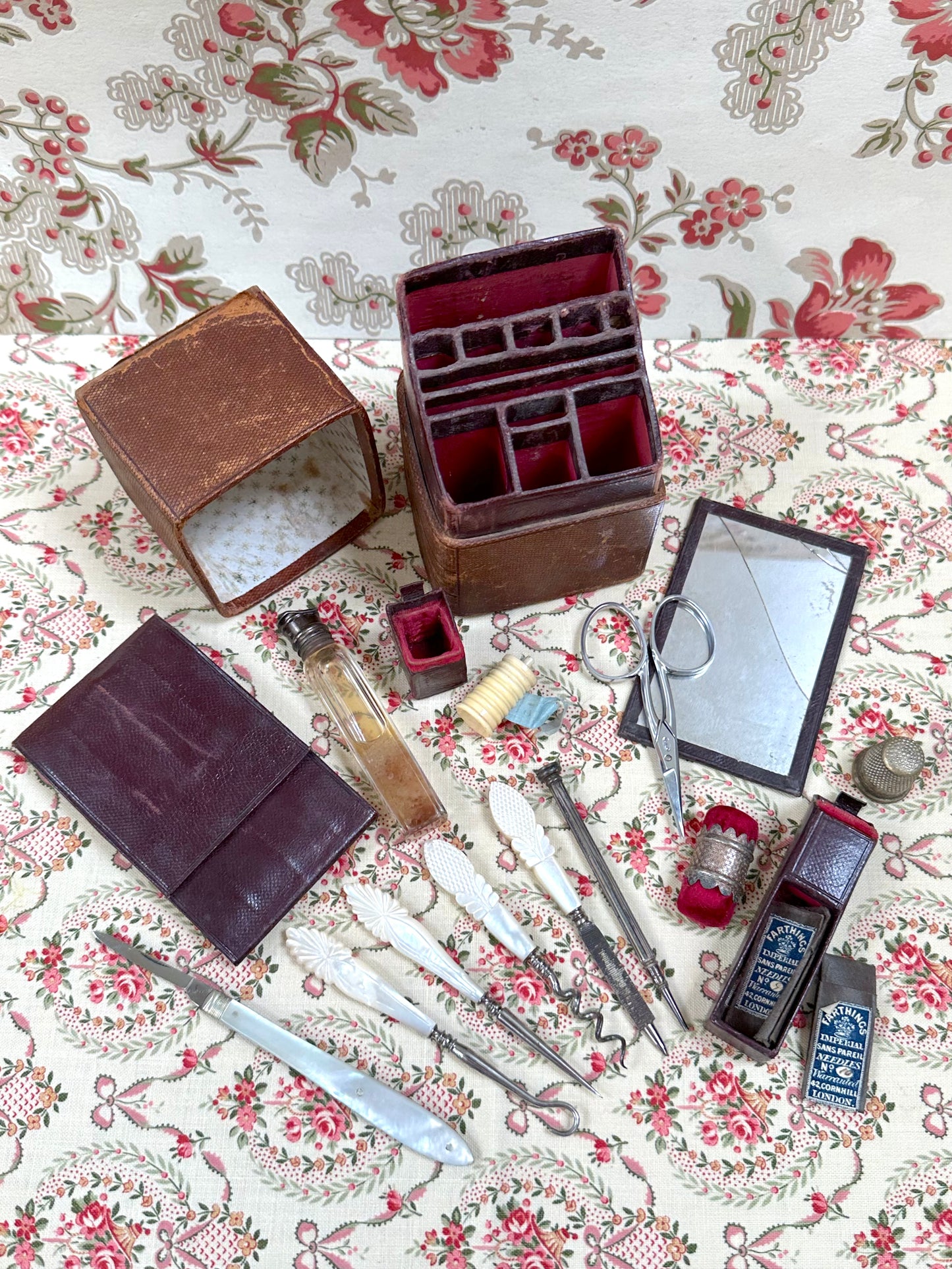 Antique French Small Case With Complete Set Of Sewing Tools