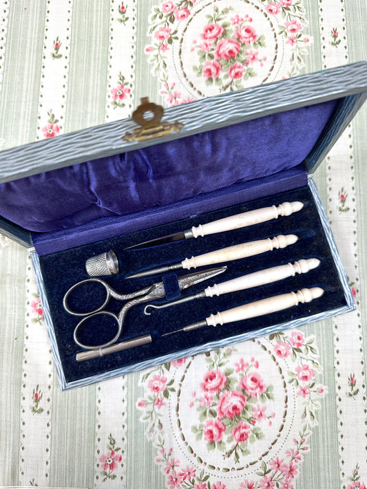 Antique French Sewing Kit With Bone Crochet Set