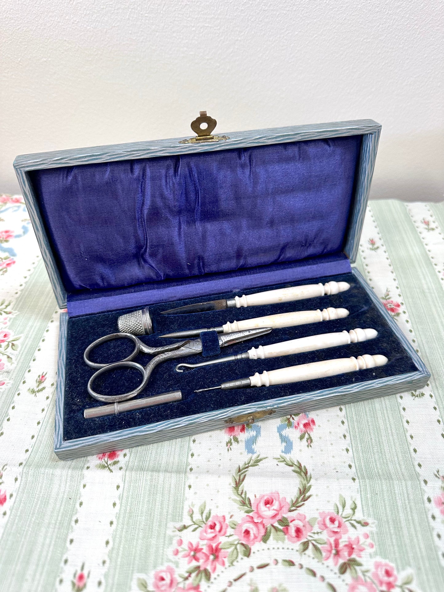 Antique French Sewing Kit With Bone Crochet Set