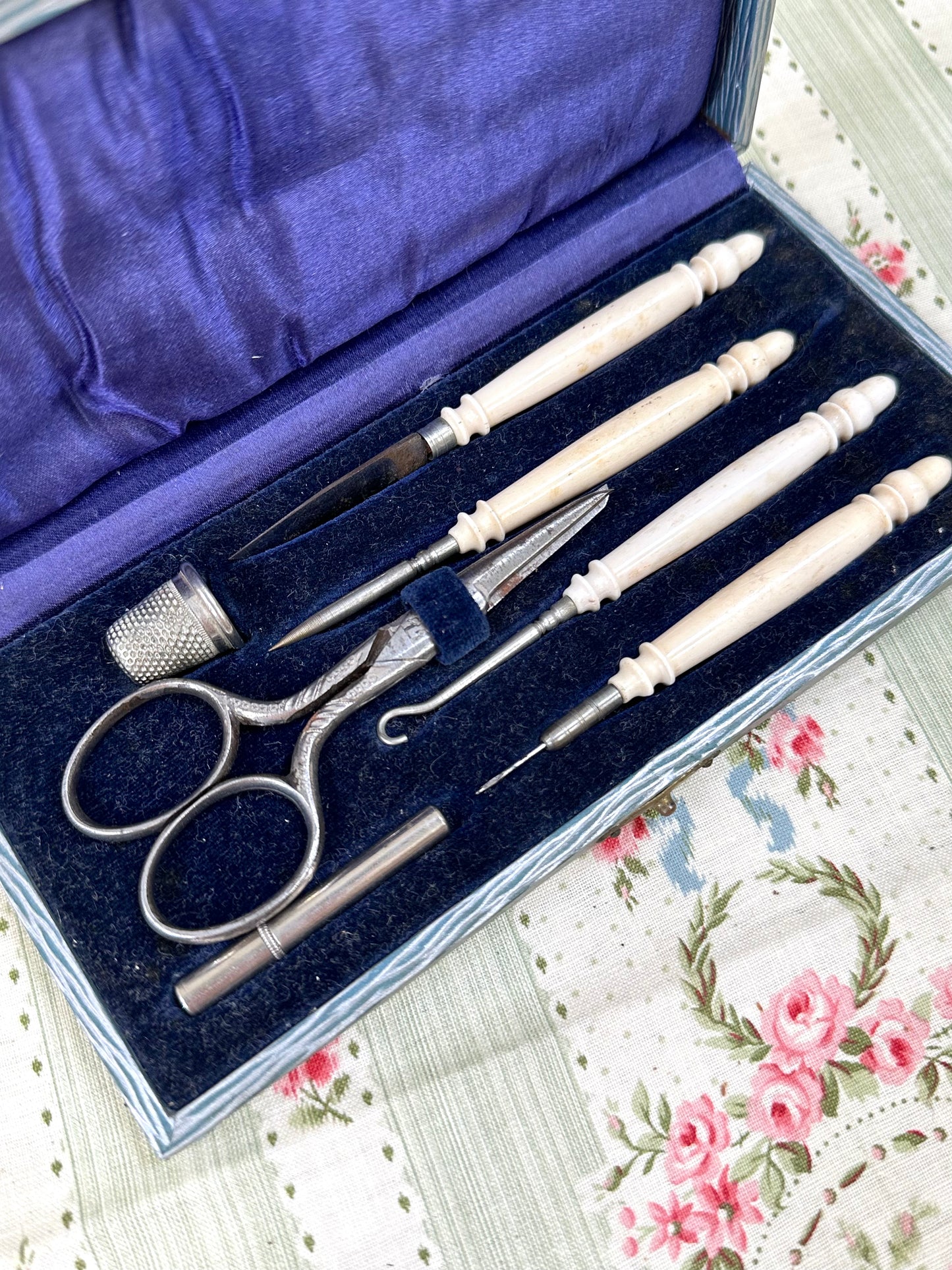 Antique French Sewing Kit With Bone Crochet Set