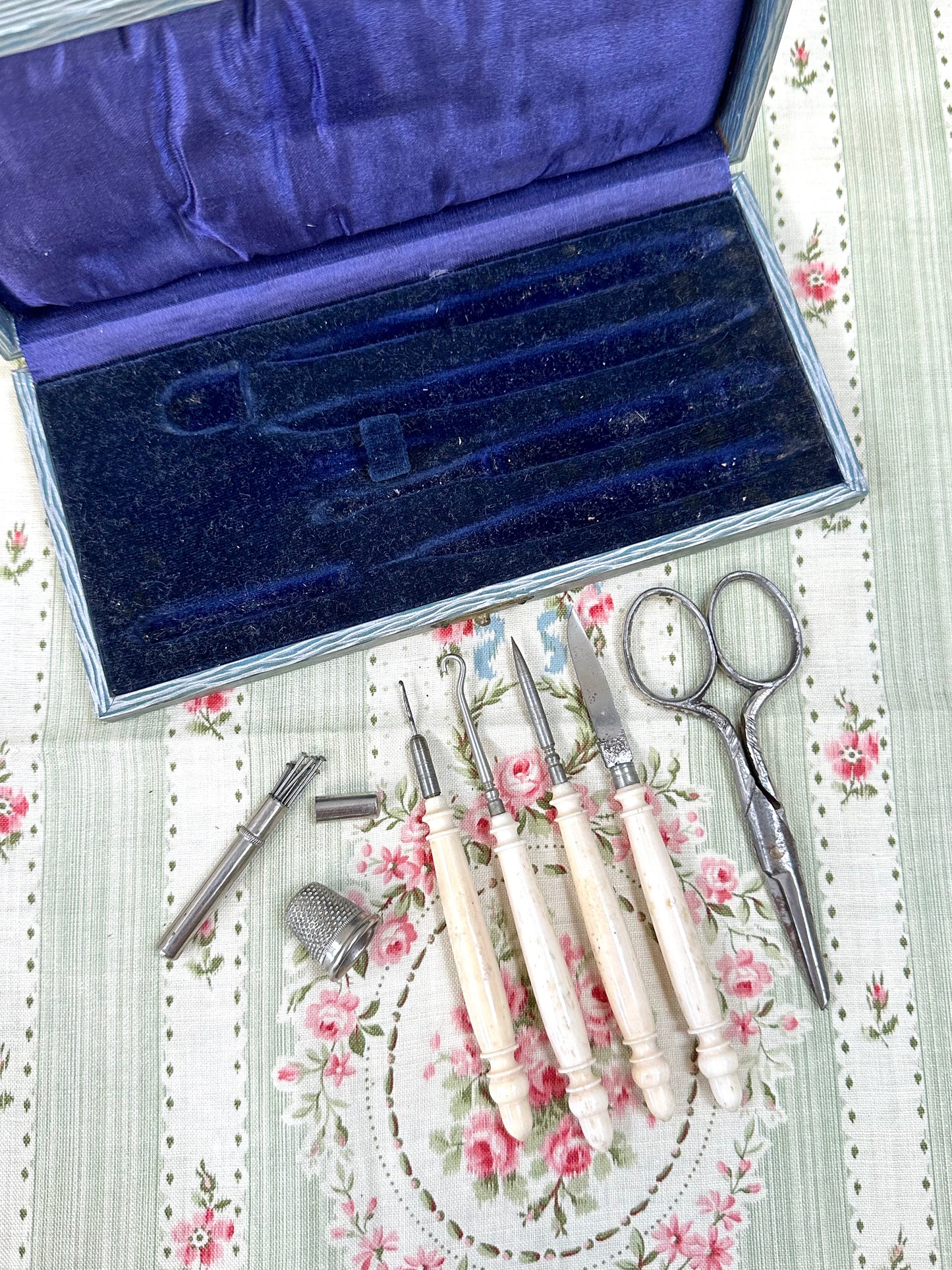 Antique French Sewing Kit With Bone Crochet Set