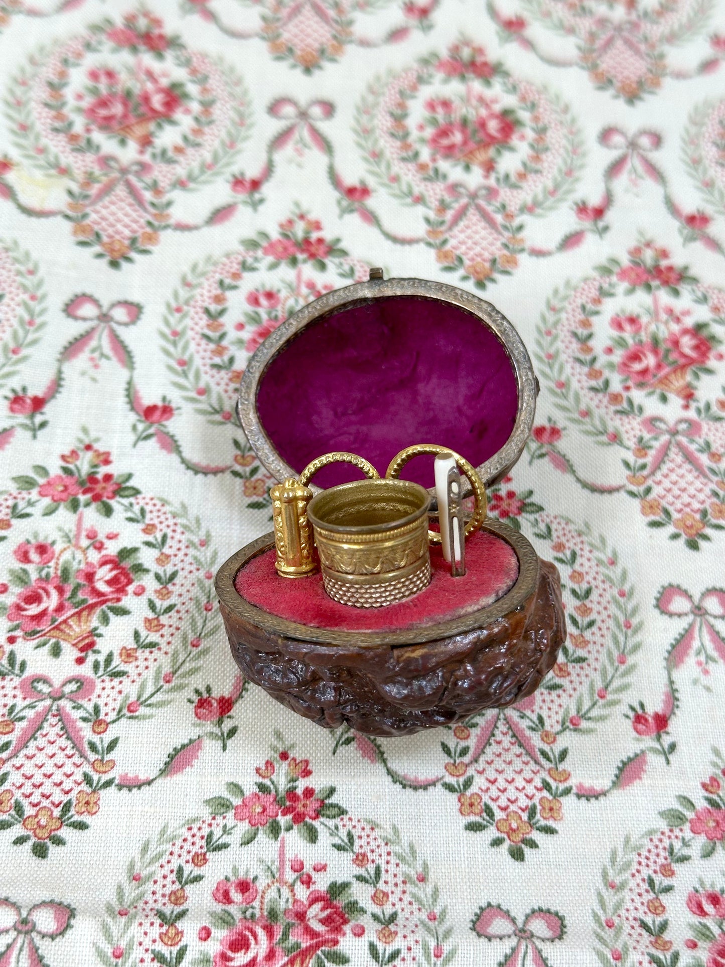 Antique French Walnut Victorian Etui Sewing Set