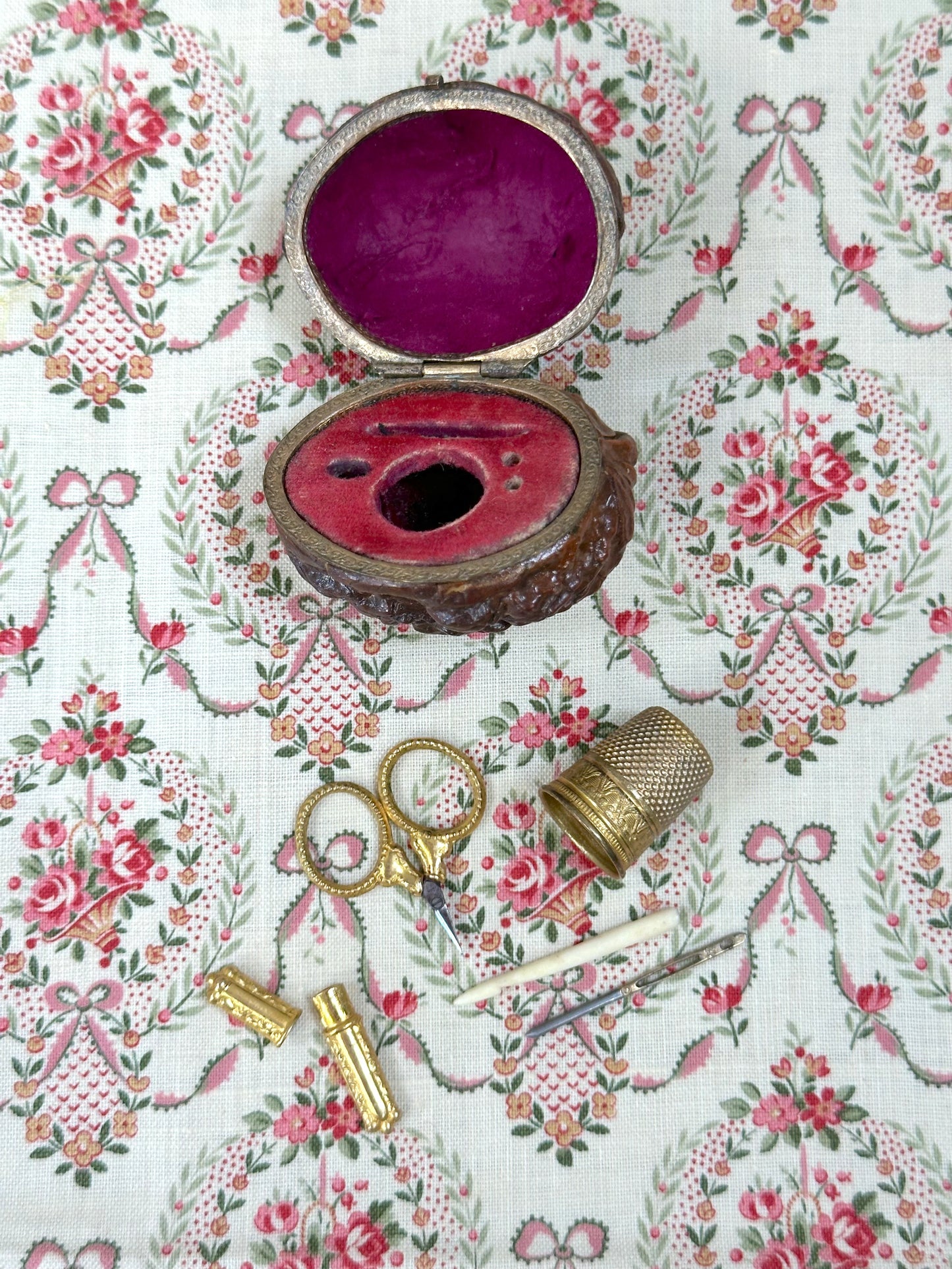 Antique French Walnut Victorian Etui Sewing Set