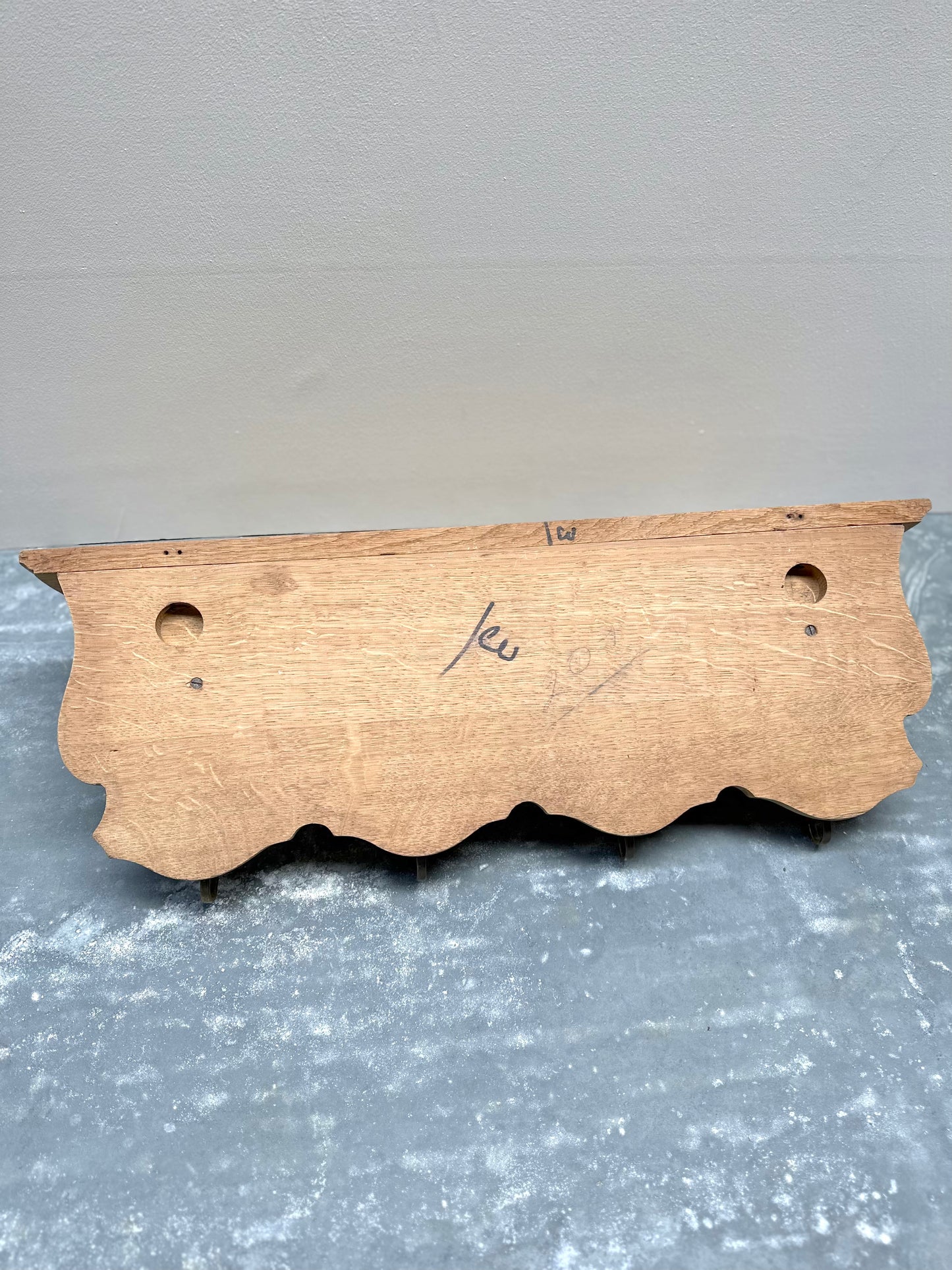 Antique French Small Farmhouse Oak 4 Hook Wall Shelf