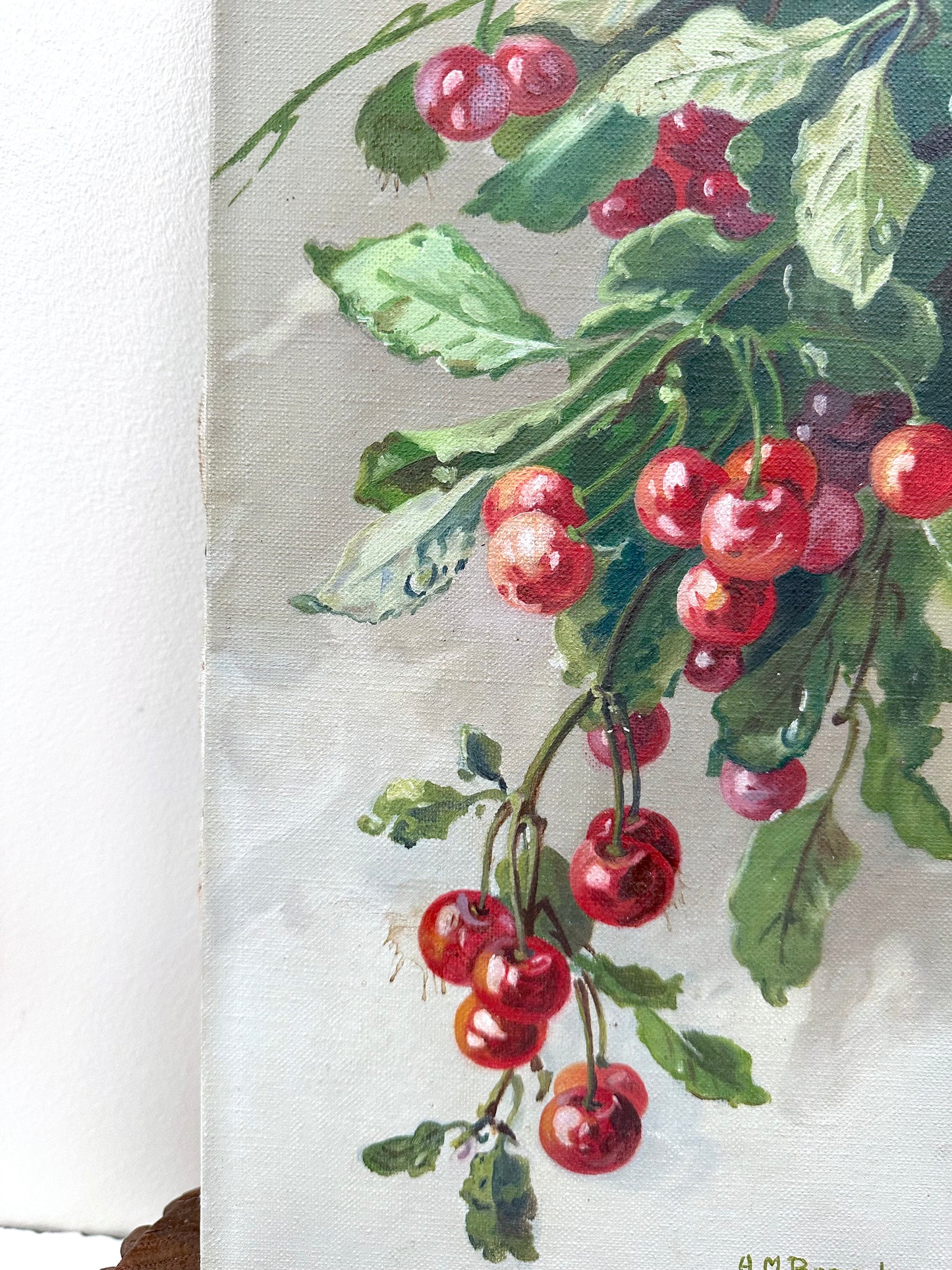 Vintage European Cherry Branch Painting