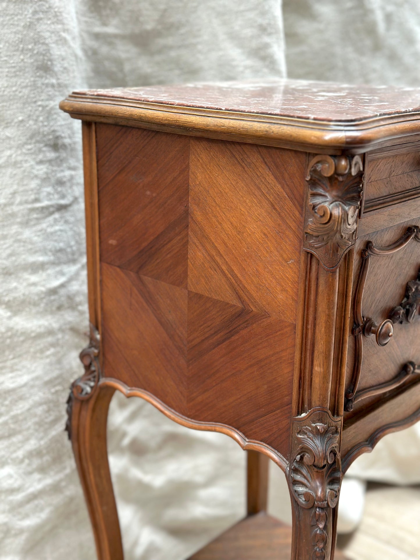 Antique French Louis XV Quartercut Veneer Bedside Table