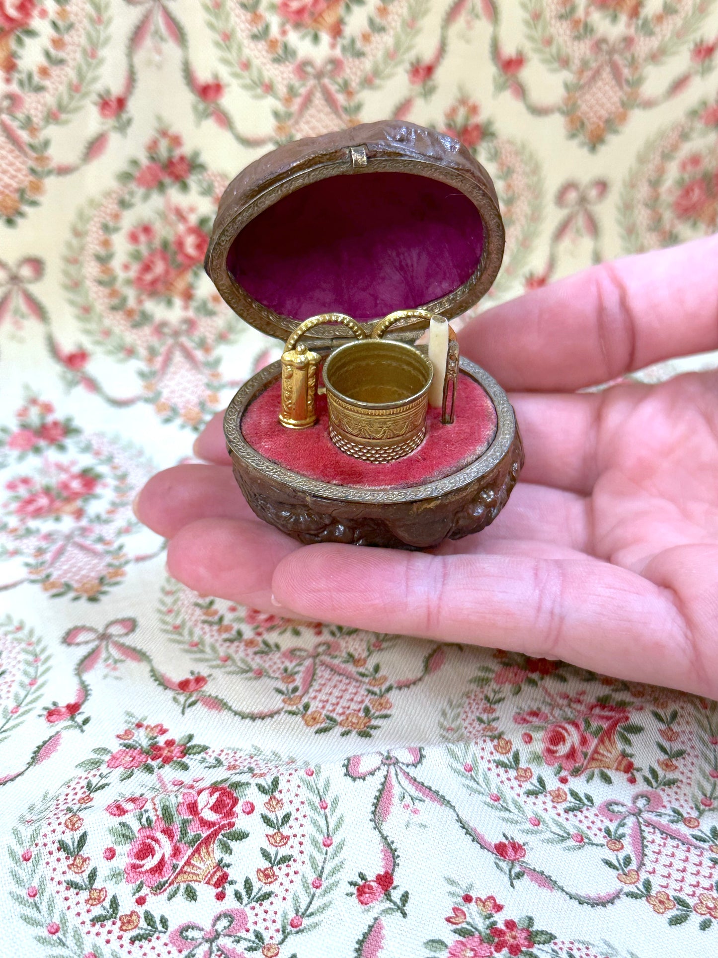 Antique French Walnut Victorian Etui Sewing Set