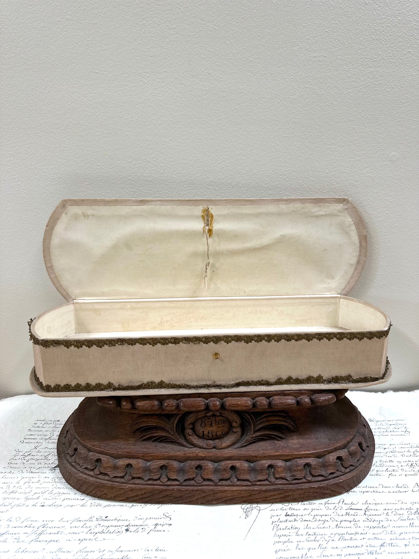 Antique French Fabric Covered Boudoir Box With Embroidered Bee