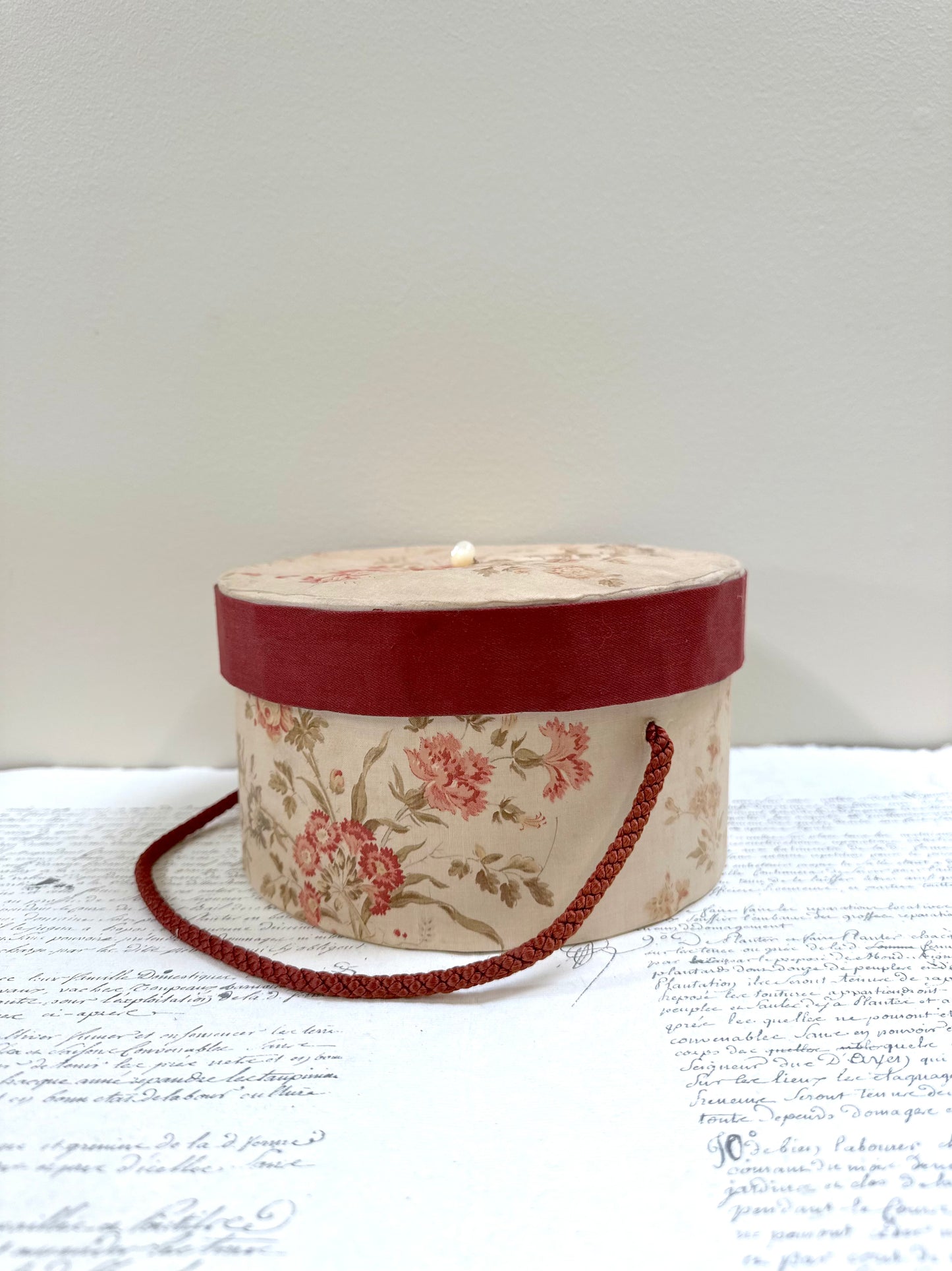 Round Antique French Fabric Covered Boudoir Box