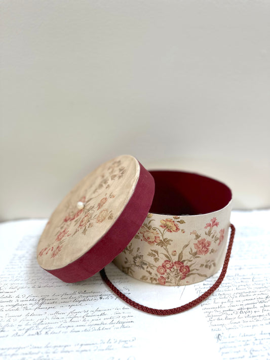 Round Antique French Fabric Covered Boudoir Box
