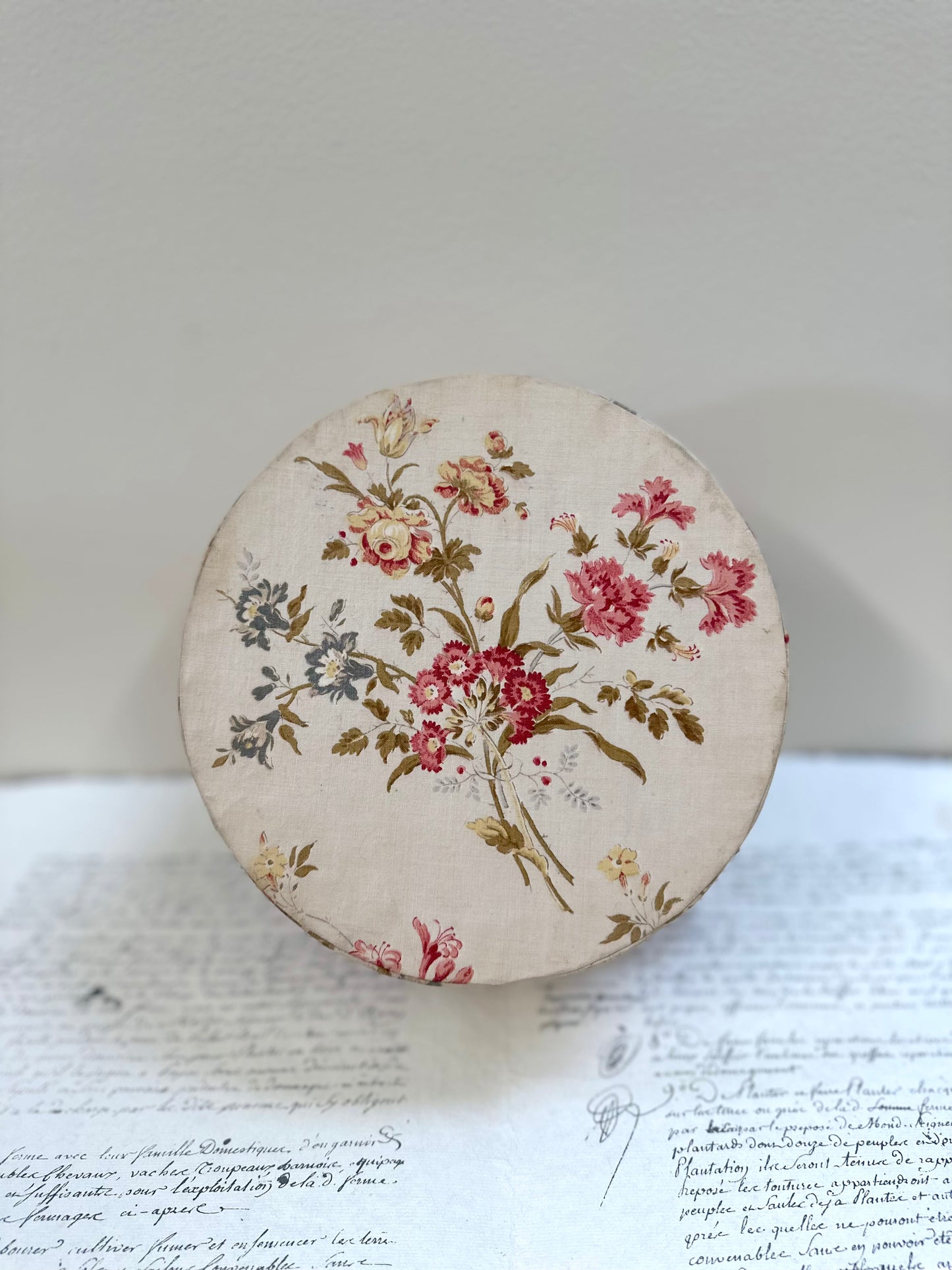 Round Antique French Fabric Covered Boudoir Box