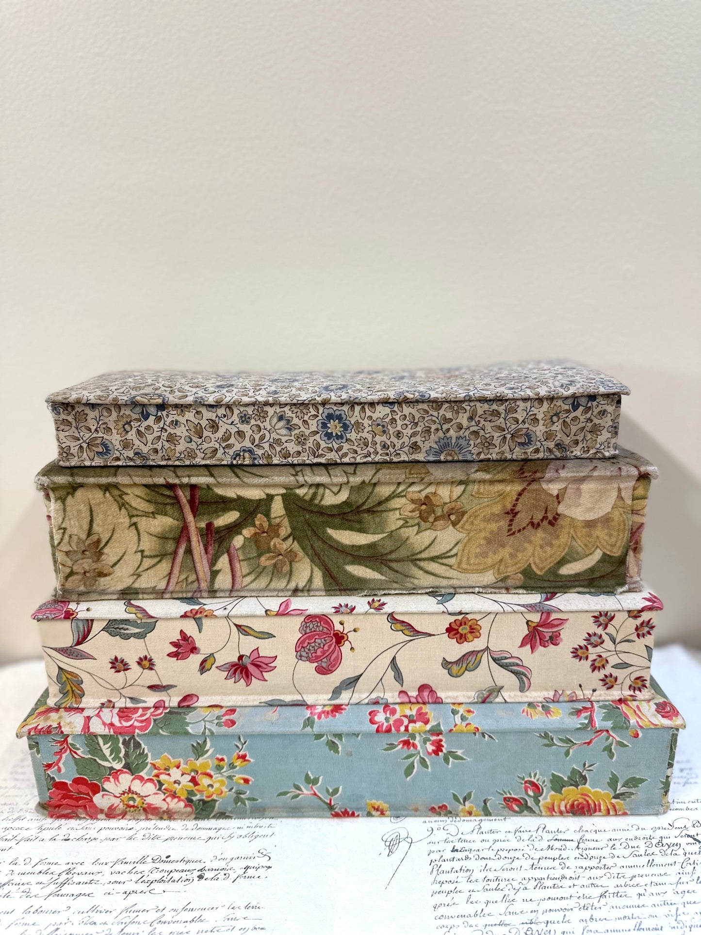 Antique French 'Jardin des Fleur' Fabric Covered Boudoir Boxes