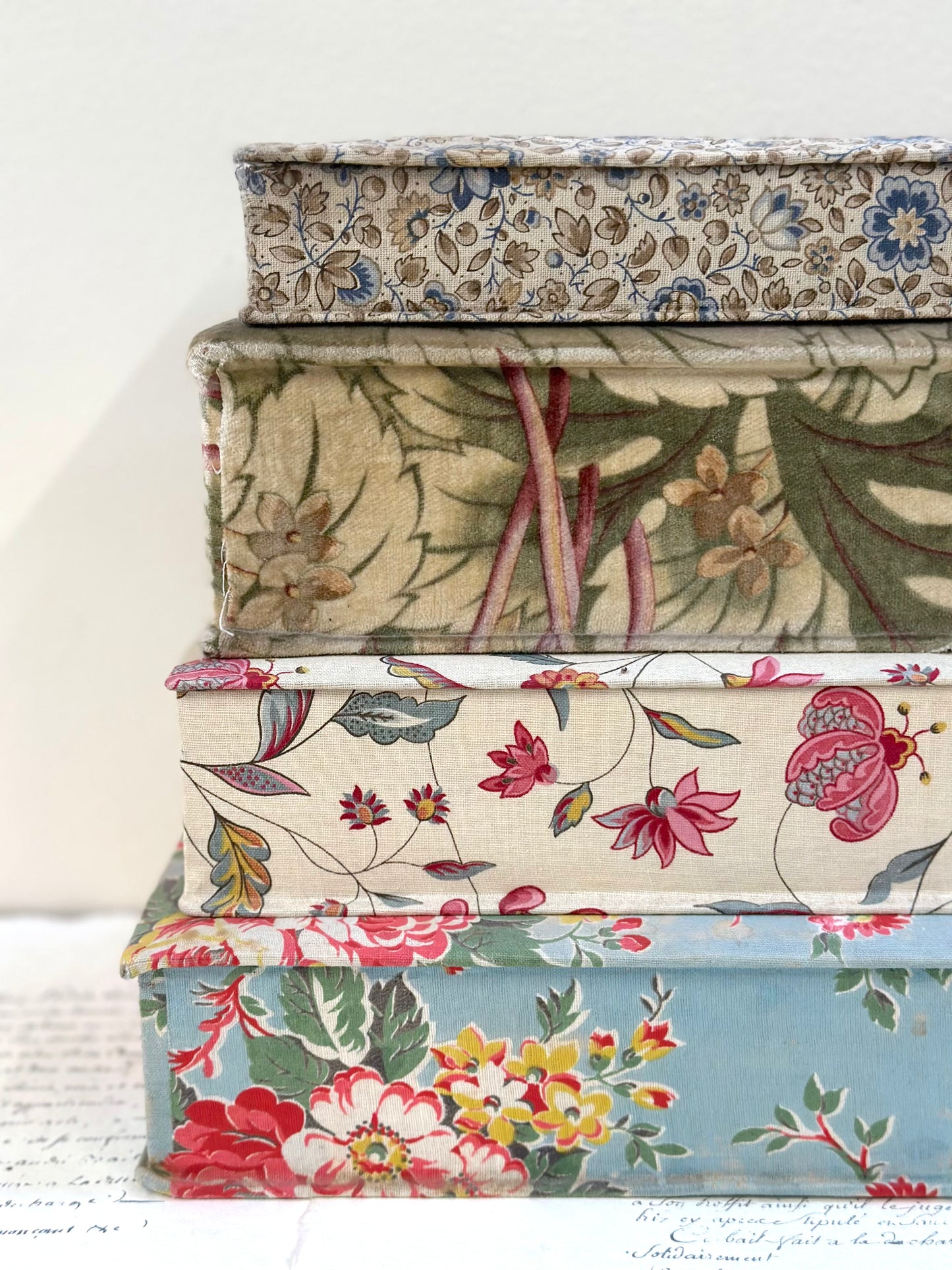 Antique French 'Jardin des Fleur' Fabric Covered Boudoir Boxes