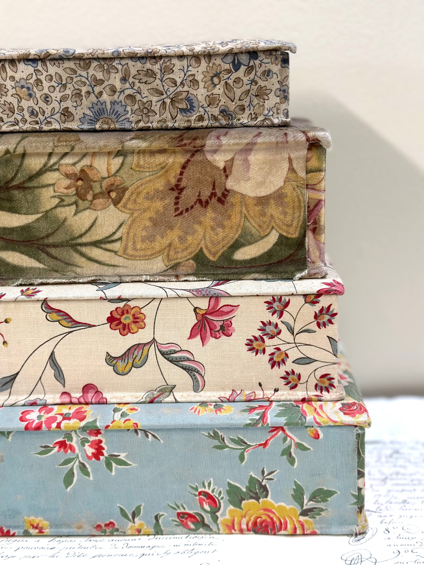 Antique French 'Jardin des Fleur' Fabric Covered Boudoir Boxes