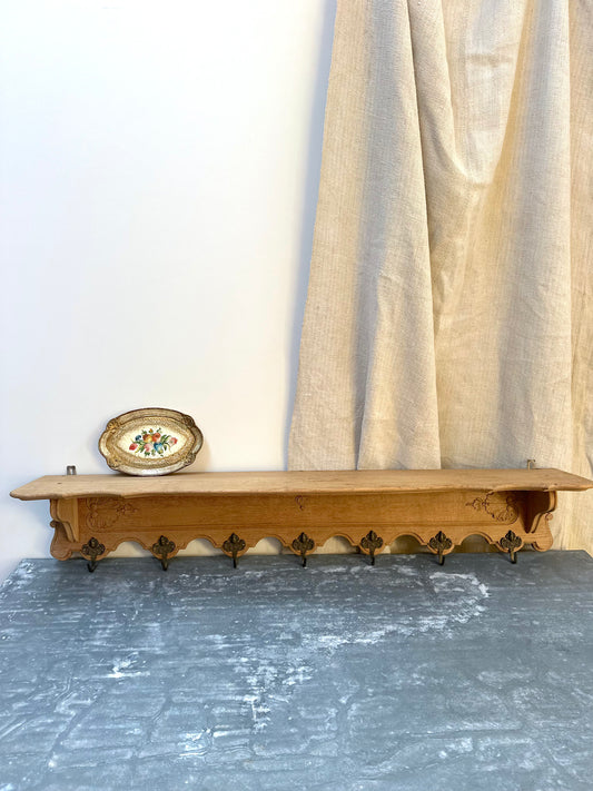 Antique French Louis XV Oak 7 Hook Wall Shelf