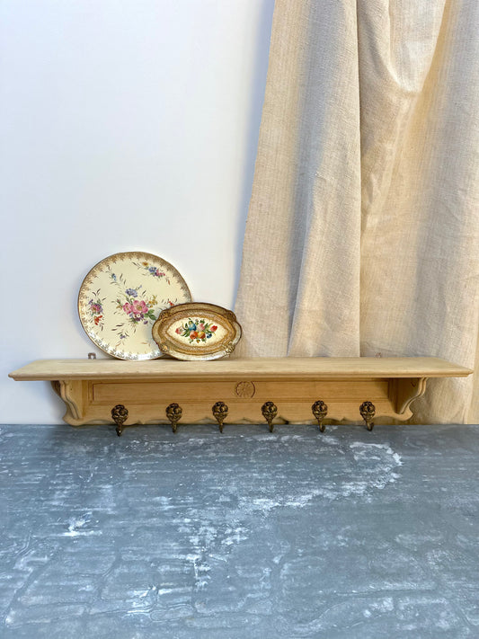 Antique French Farmhouse Oak 6 Hook Wall Shelf