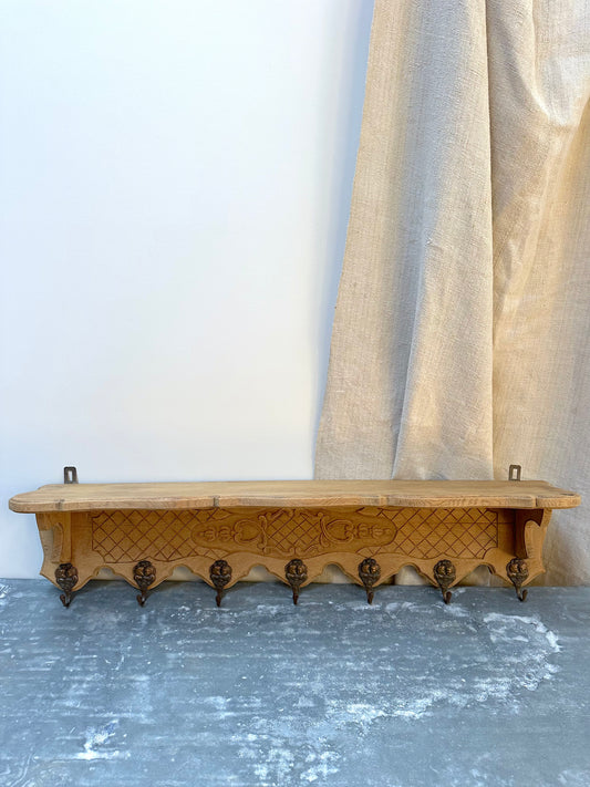 Antique French Louis XV Raw Oak 7 Hook Wall Shelf