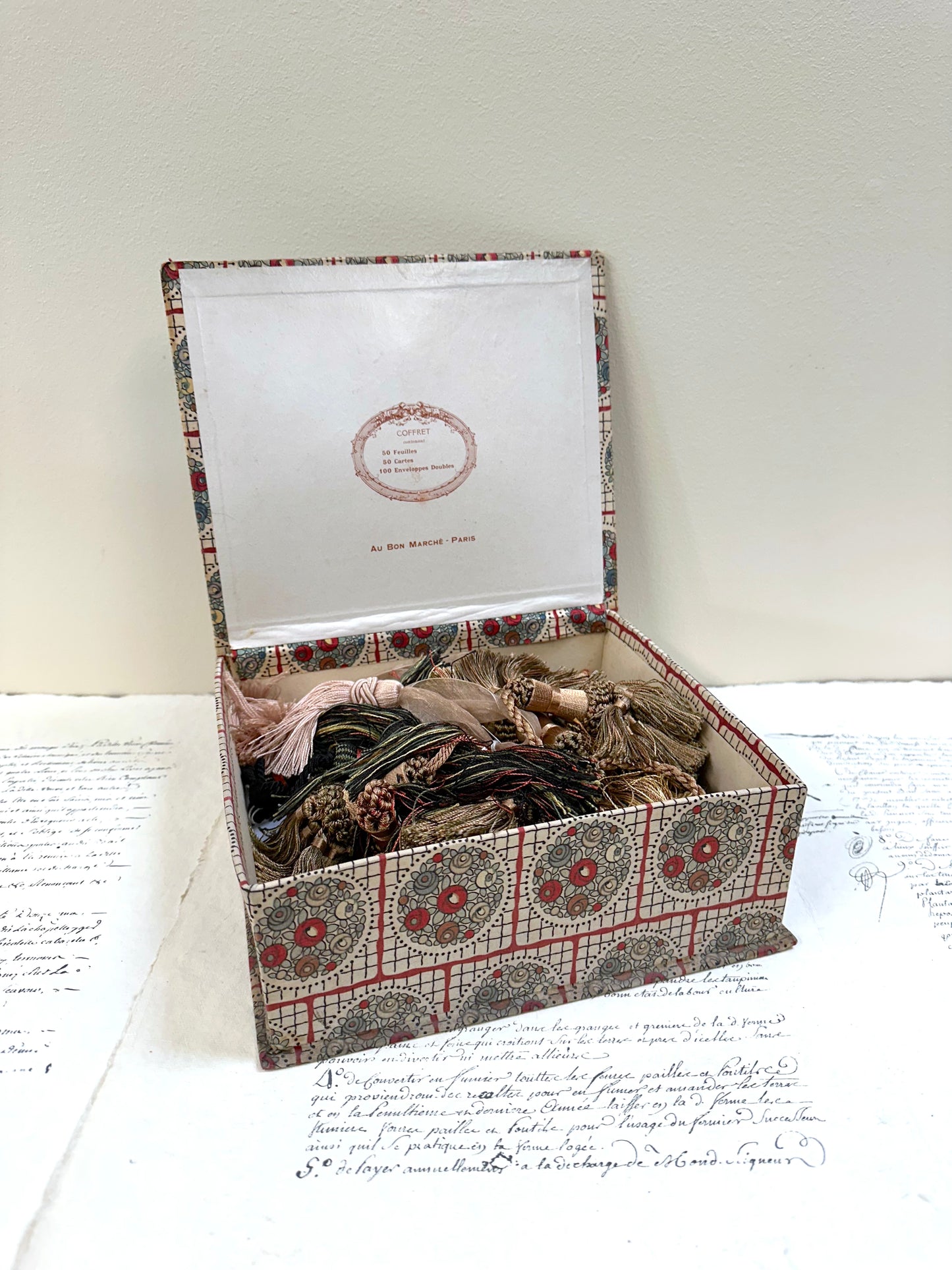 Antique French 'Fleur du Bonheur' Fabric Covered Boudoir Boxes