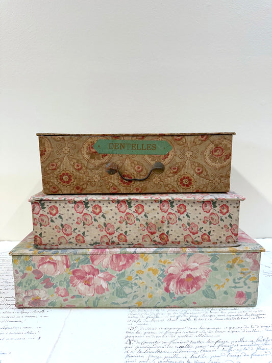 Antique French 'Fleur du Printemp' Fabric Covered Boudoir Boxes