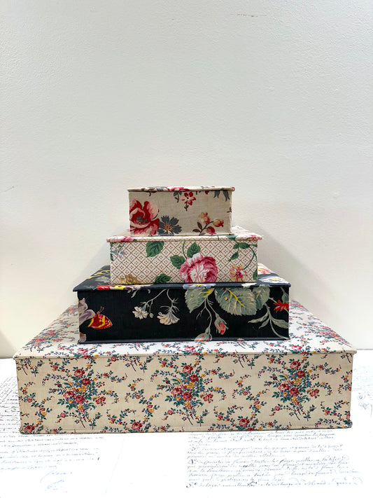 Antique French 'Bouquet des Fleurs' Fabric Covered Boudoir Boxes