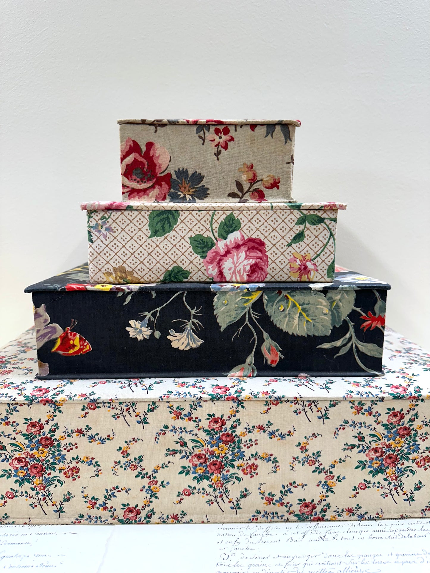 Antique French 'Bouquet des Fleurs' Fabric Covered Boudoir Boxes