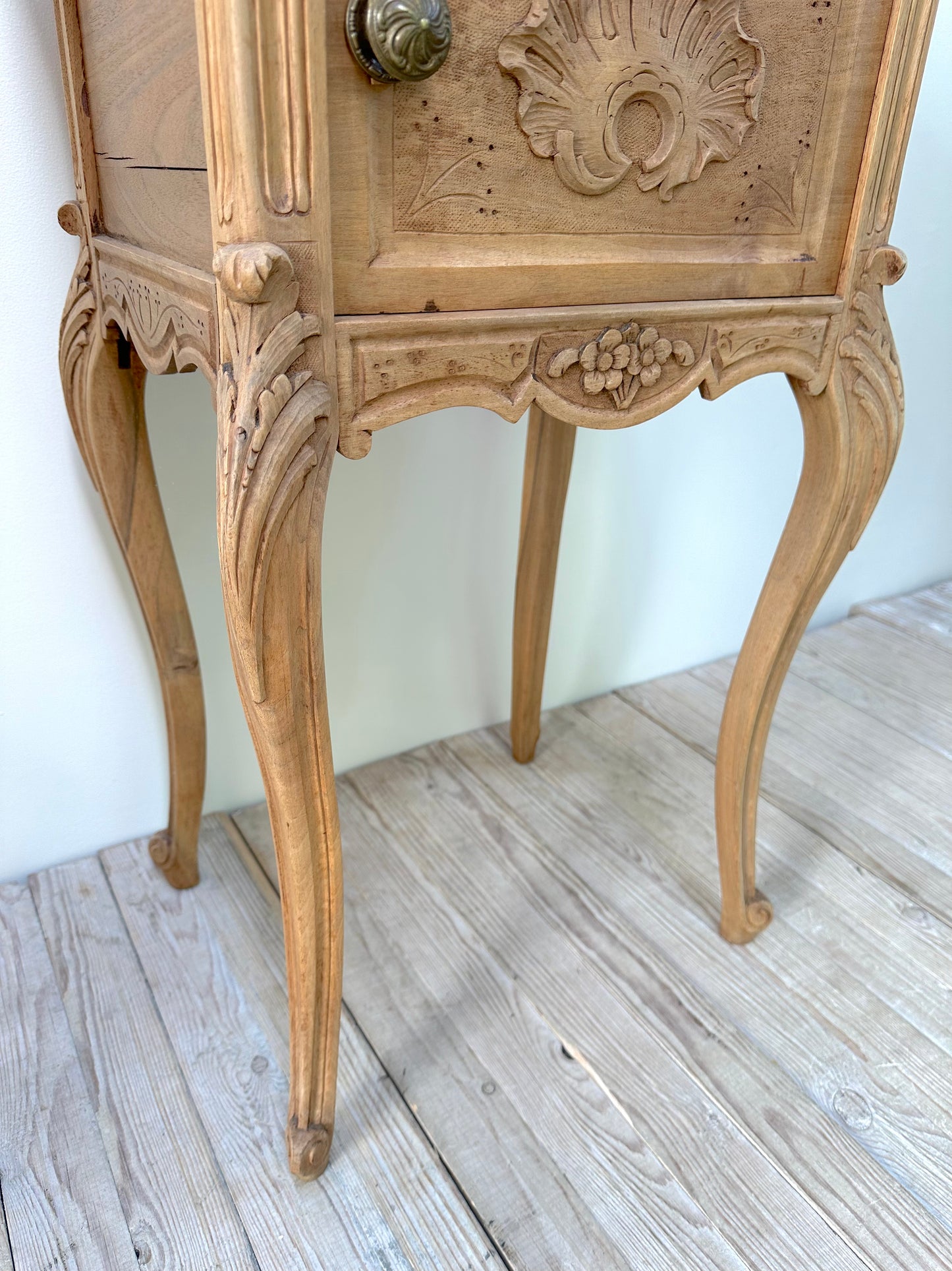 Antique French Louis XV Raw Oak Marble Top Bedside Table