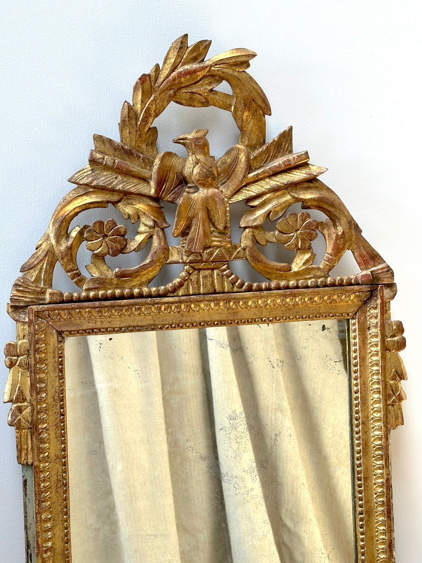 Antique French Louis XVI Bird in Wreath Gold Gilt Mirror