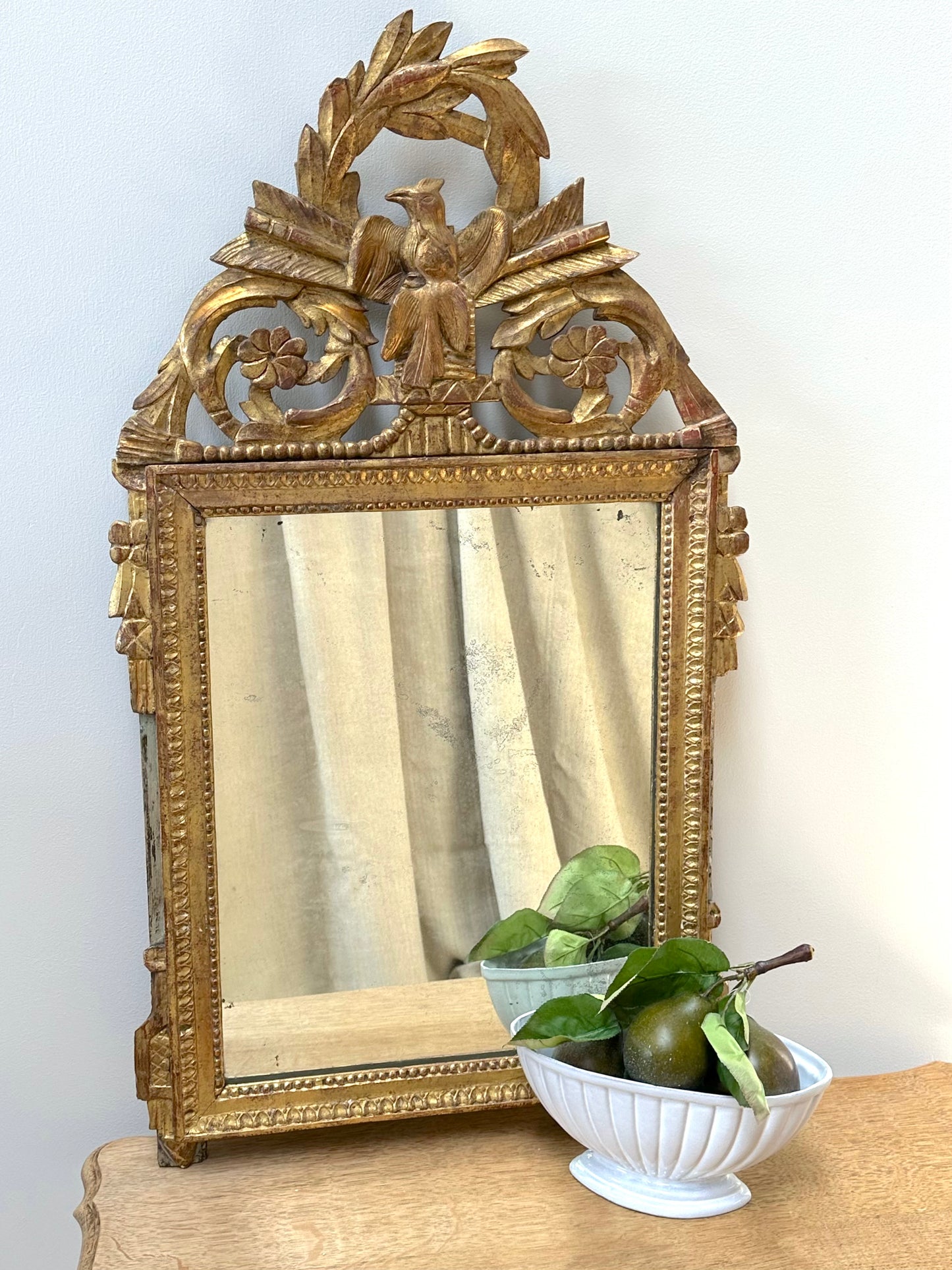 Antique French Louis XVI Bird in Wreath Gold Gilt Mirror
