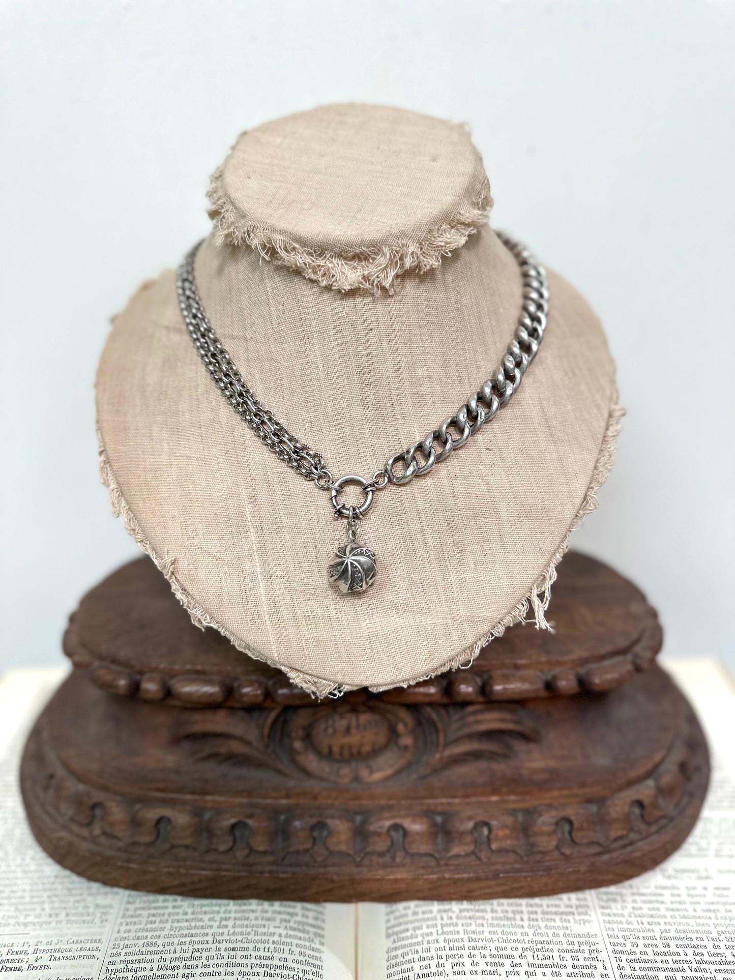 Antique French Silver Necklace With Ball Fob Charm