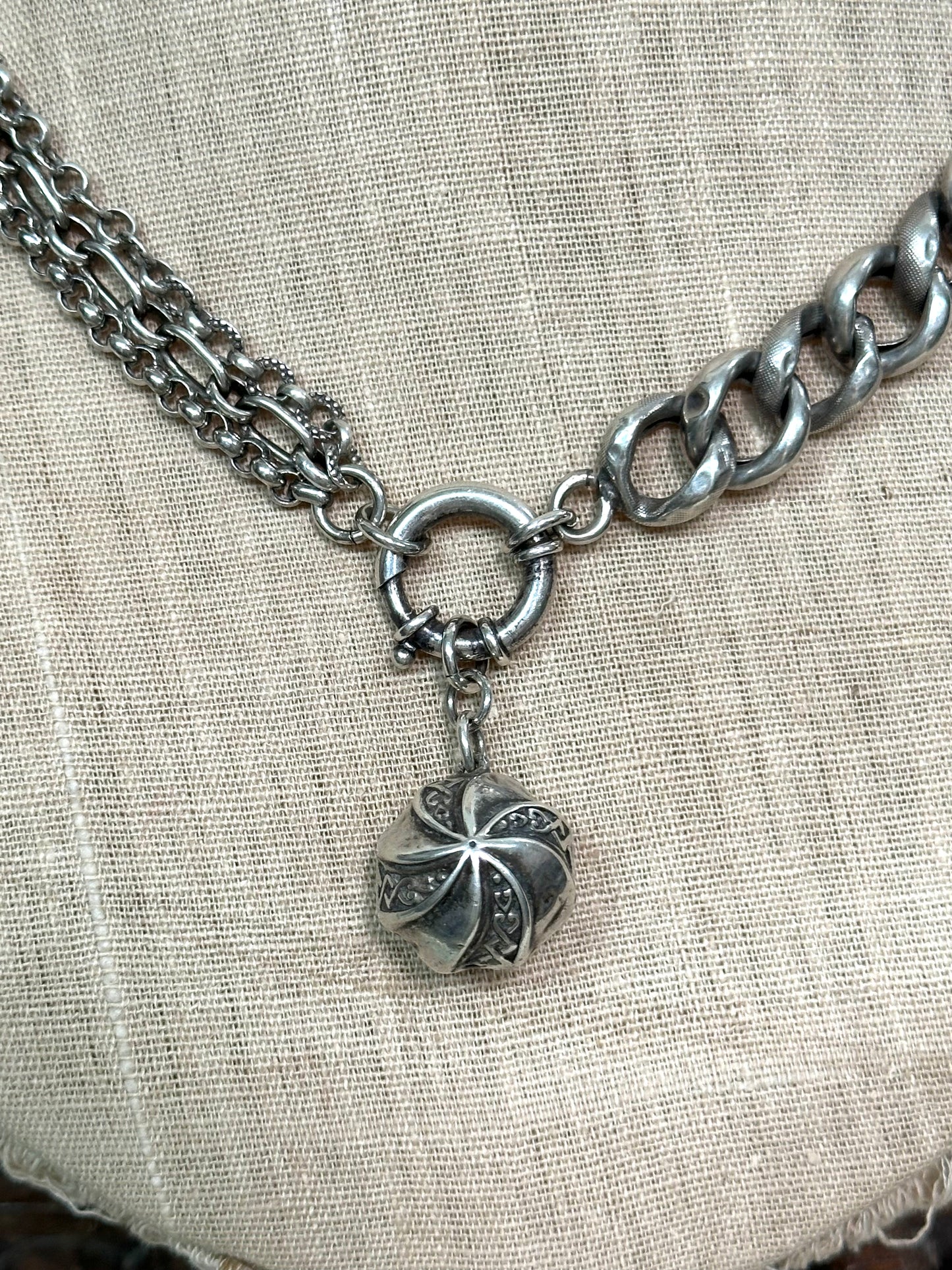 Antique French Silver Necklace With Ball Fob Charm