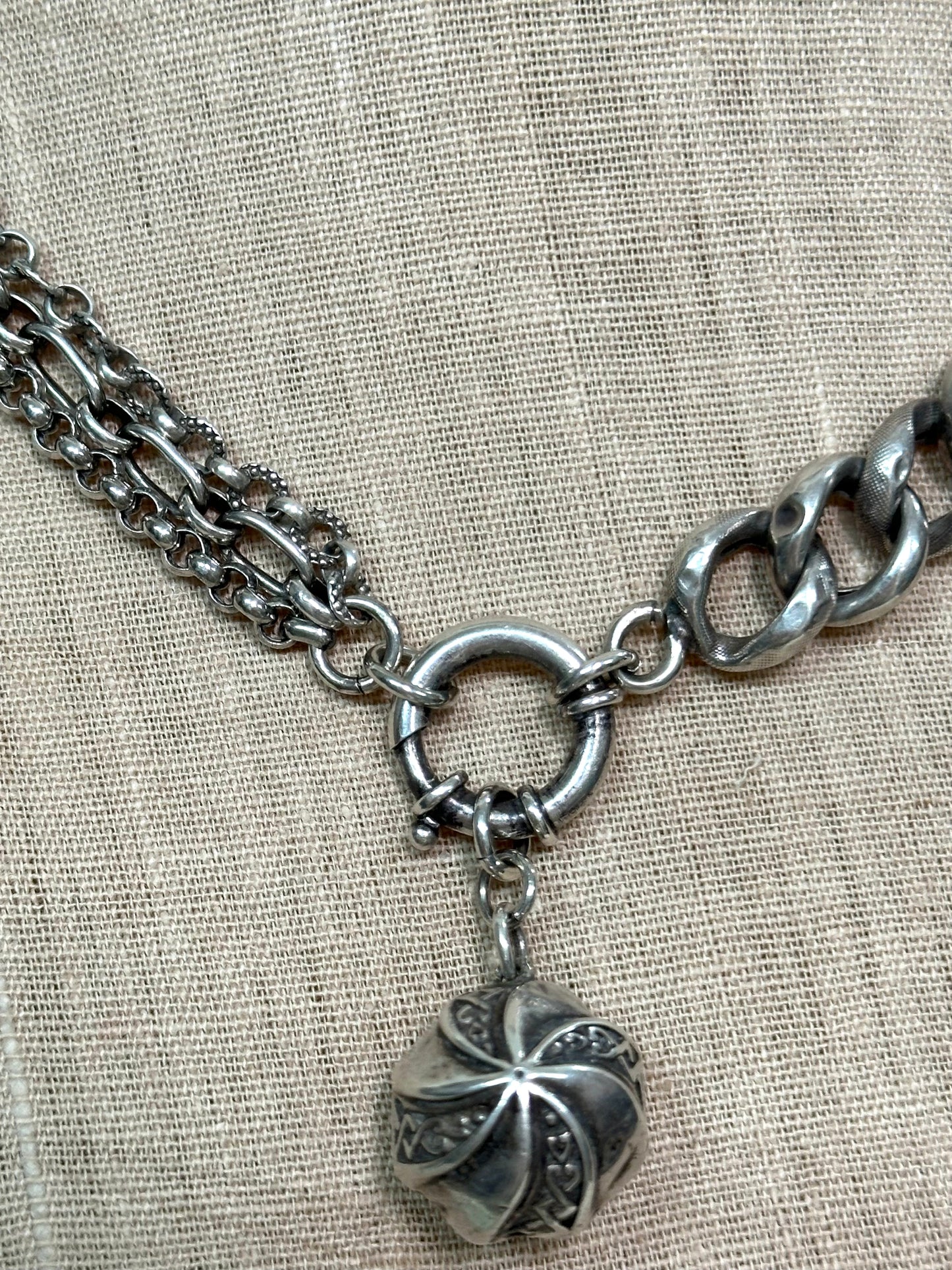 Antique French Silver Necklace With Ball Fob Charm