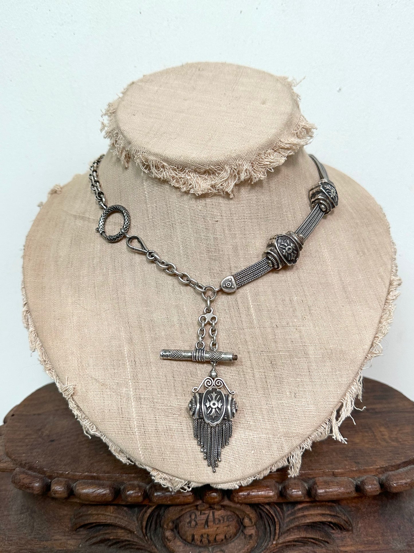 Antique French Silver Fob Watch Chain Necklace With Sliders