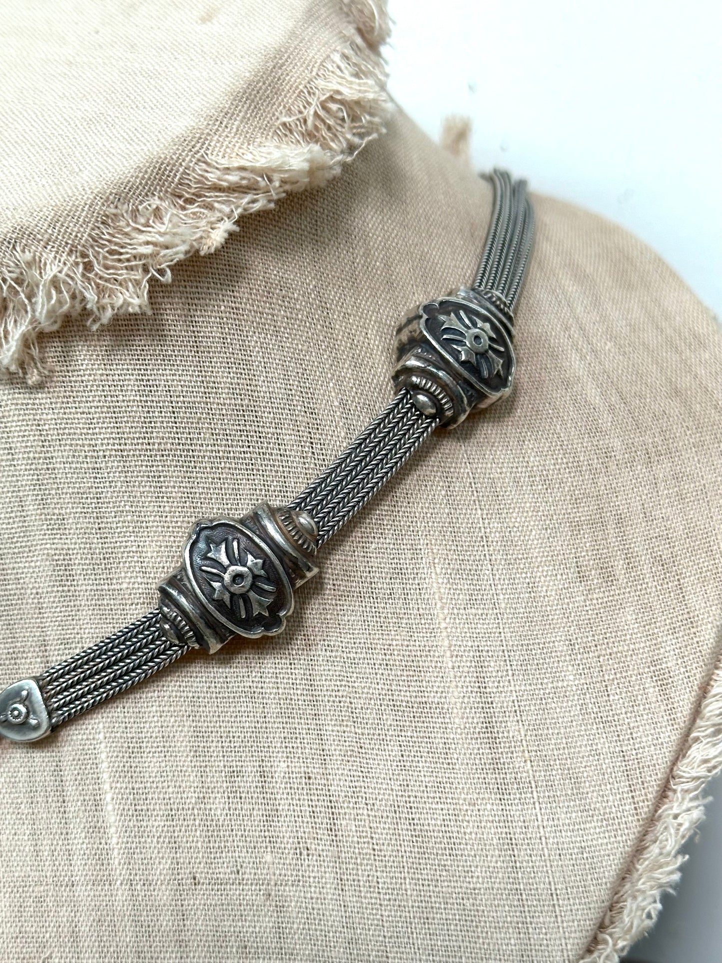 Antique French Silver Fob Watch Chain Necklace With Sliders