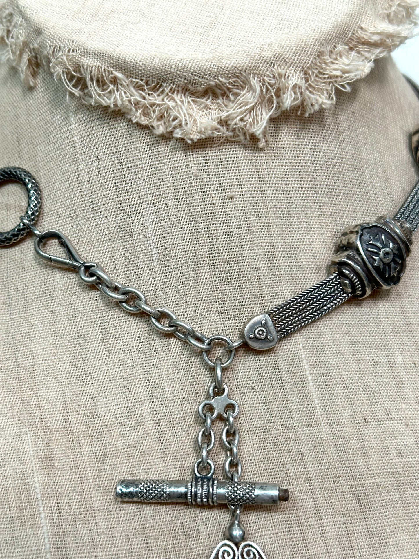 Antique French Silver Fob Watch Chain Necklace With Sliders