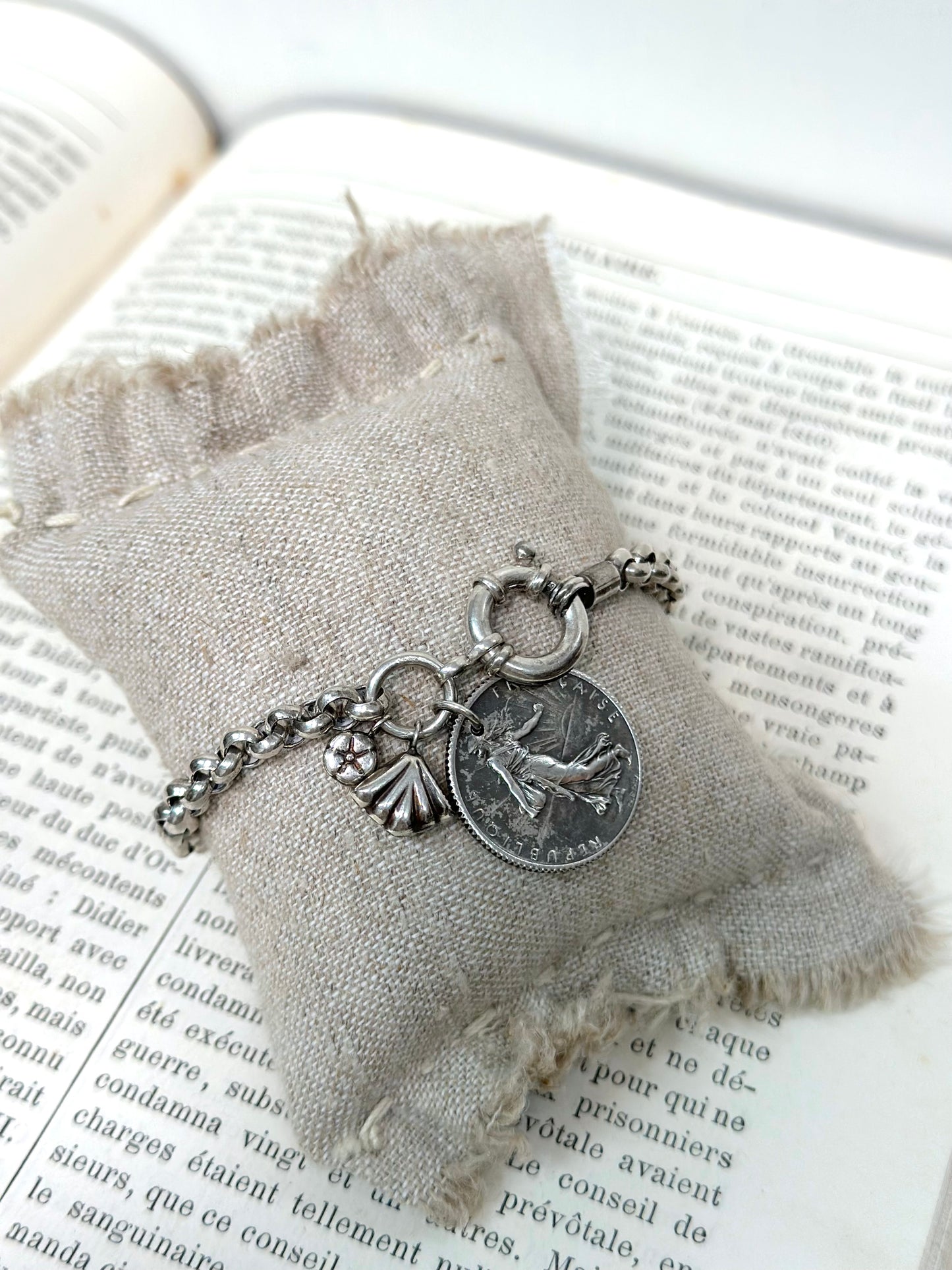 Antique French Silver 'Semeuse' Coin Bracelet With Petite Charms