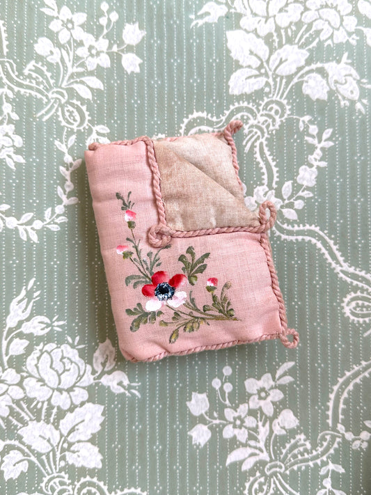 Antique French Pink Cushion Needle Book With Painted Floral Design