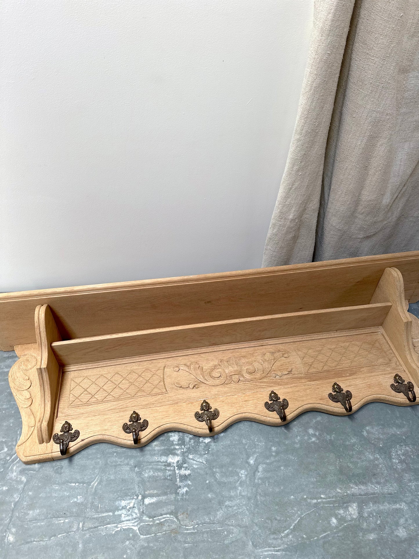 Antique French Raw Oak 6 Hook Double Wall Shelf