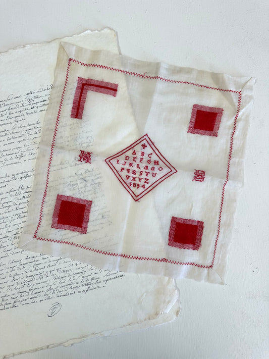 Antique French Detailed Embroidered Square Of Linen
