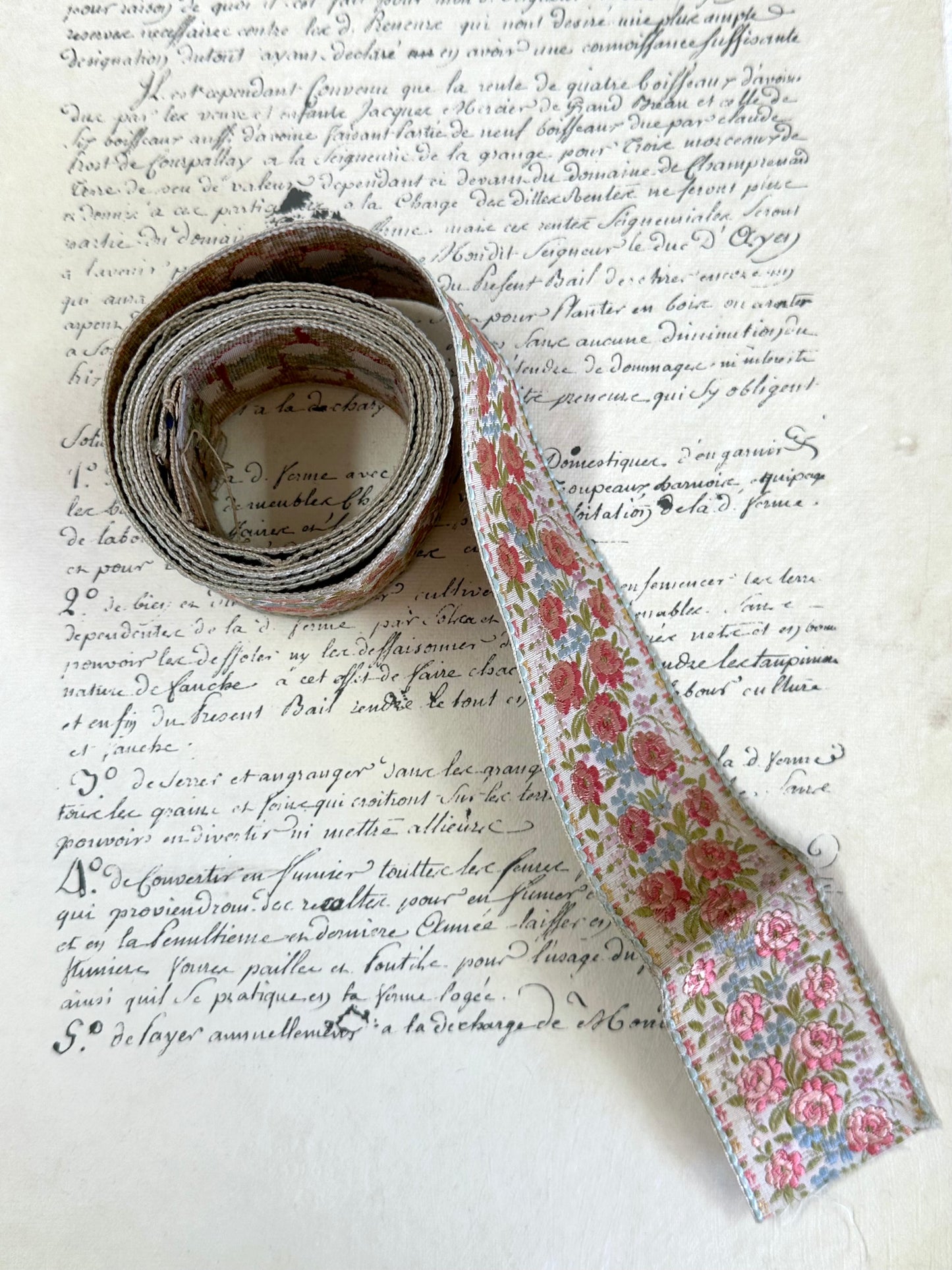 Vintage French Embroidered Floral Ribbon - White Background