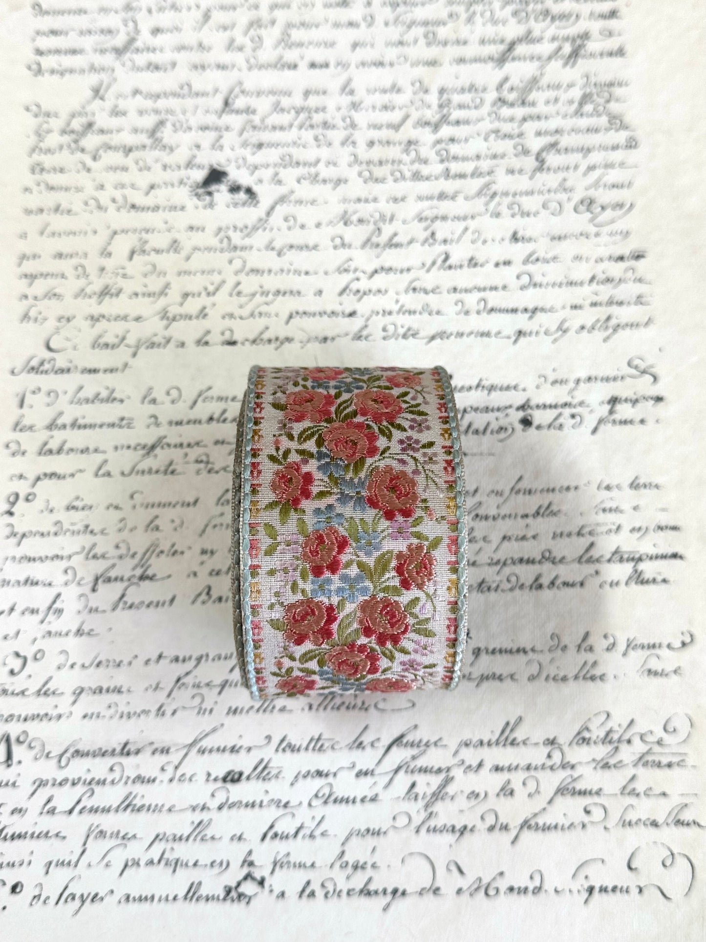 Vintage French Embroidered Floral Ribbon - White Background