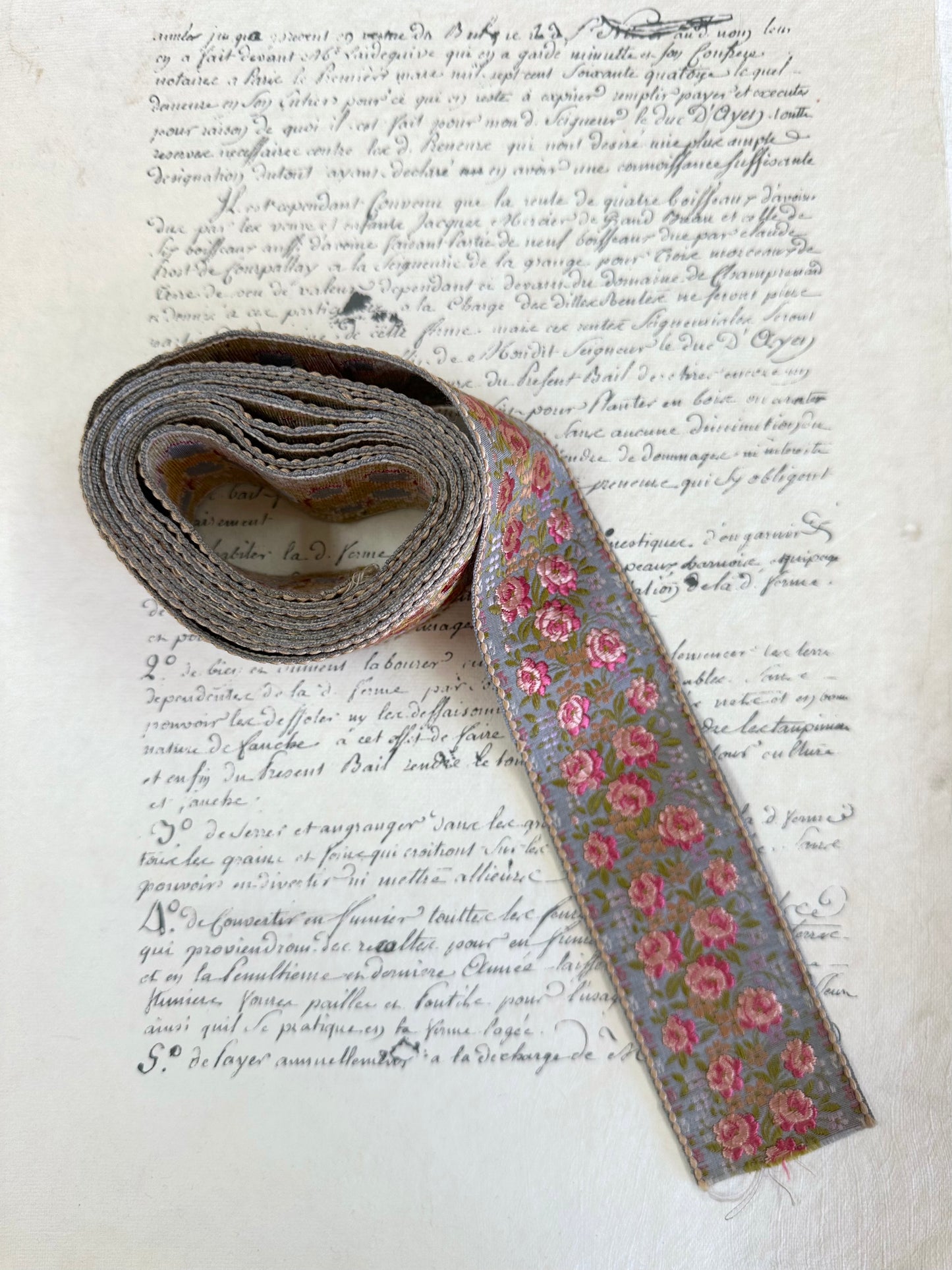 Vintage French Embroidered Floral Ribbon - Blue Background