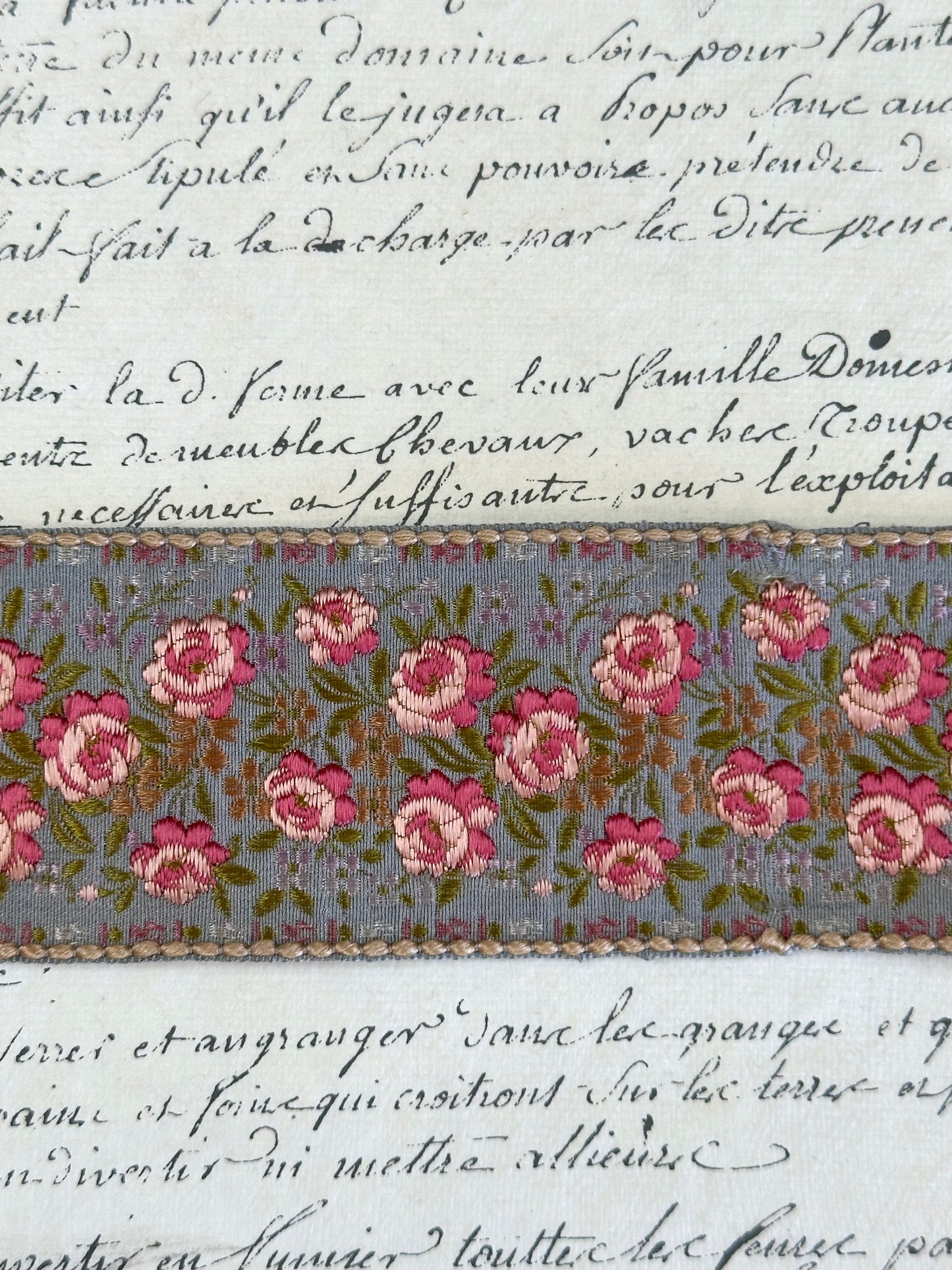 Vintage French Embroidered Floral Ribbon - Blue Background